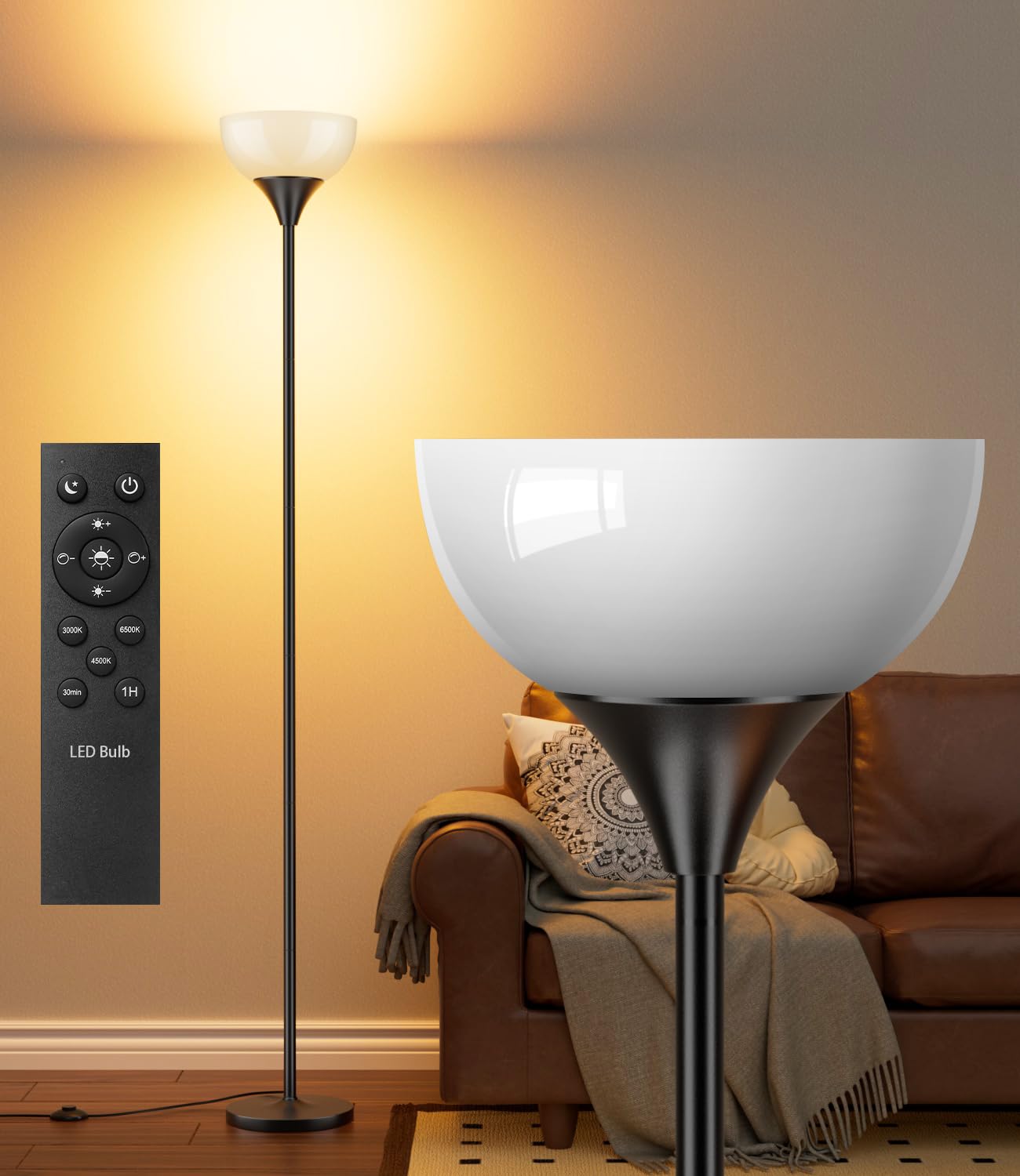 Torchiere Floor Lamp,1200LM Dimmable Standing Lamps with Remote and Foot Switch,Custom Color Temperature Super Bright Tall Lamp for Living Room Bedroom Office,Floor Light with 12W LED Bulb