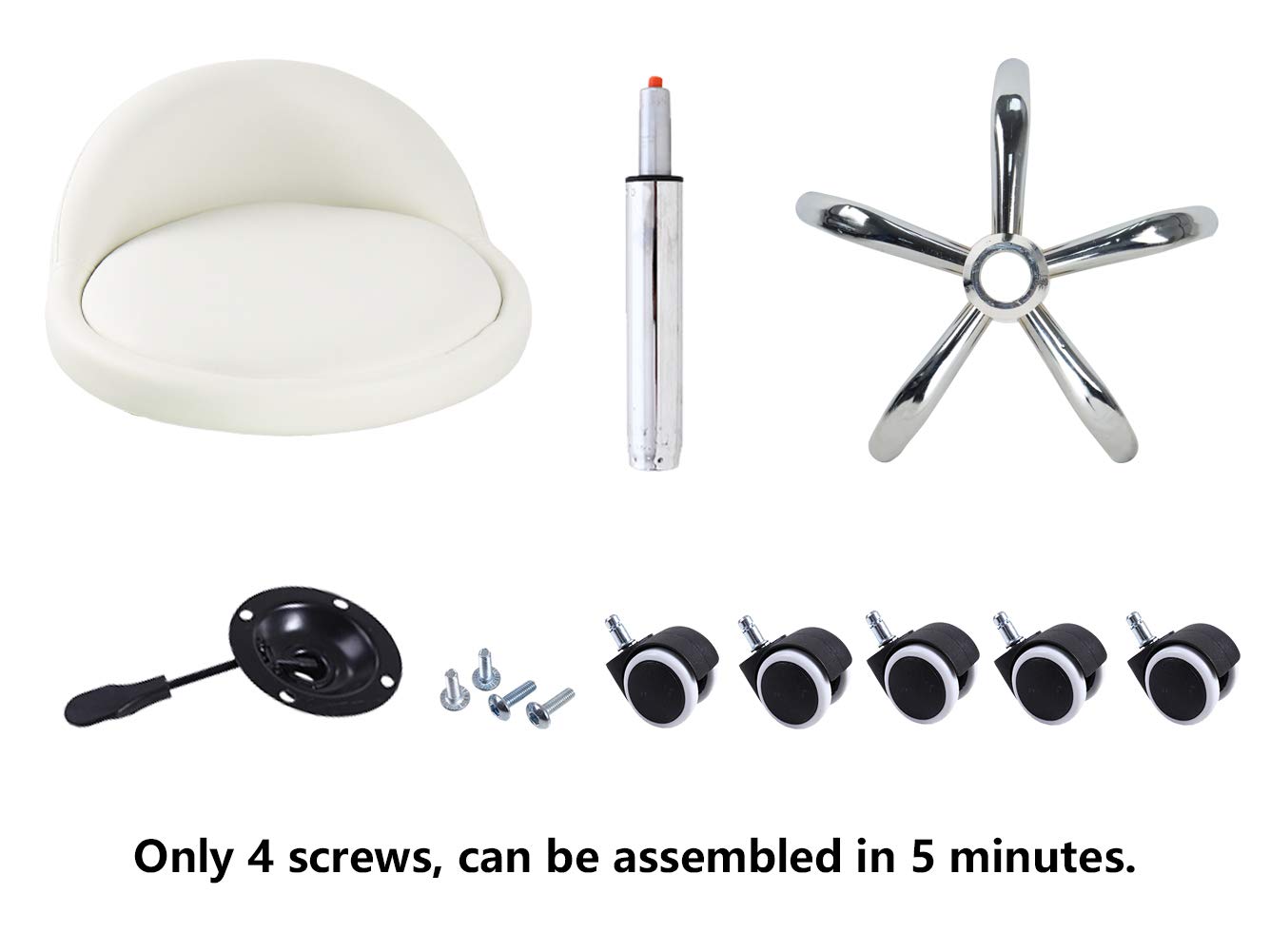 PU Leather Round Rolling Stool with Back Rest Height Adjustable Swivel Drafting Work SPA Task Chair with Wheels (White)