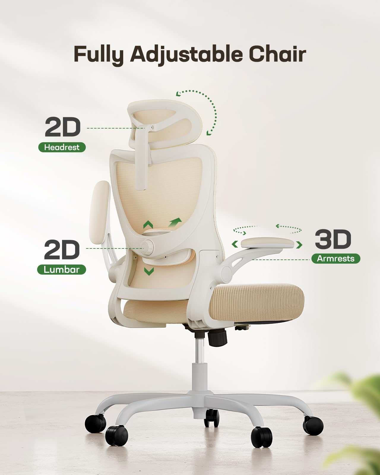 Ergonomic Office Chair: Office Computer Desk Chair with High Back Mesh and Adjustable Lumbar Support Rolling Work Swivel Task Chairs with Wheel 3D Armrests and Headrest (White)
