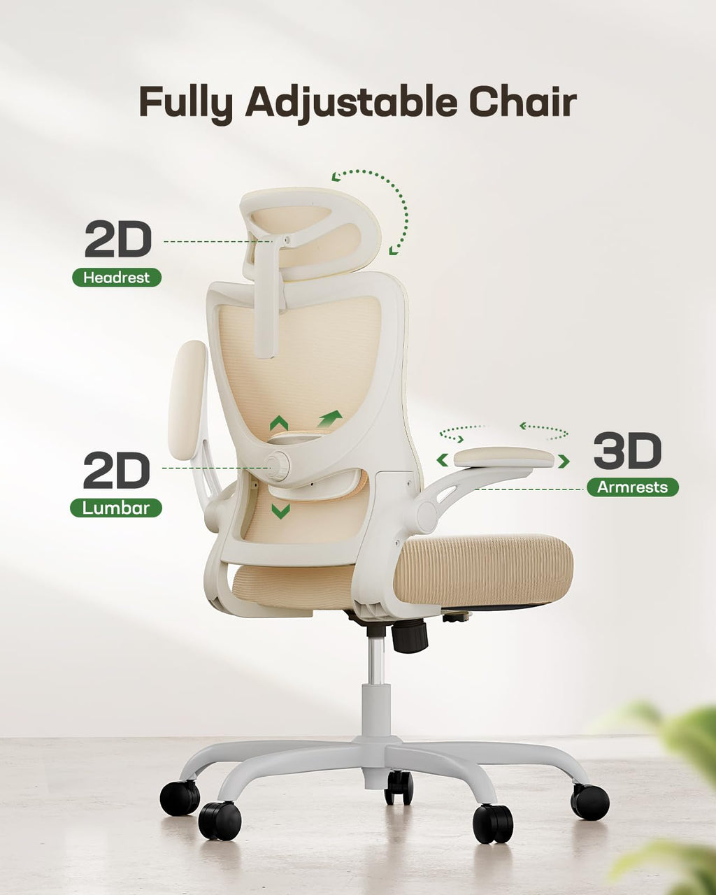 Ergonomic Office Chair: Office Computer Desk Chair with High Back Mesh and Adjustable Lumbar Support Rolling Work Swivel Task Chairs with Wheel 3D Armrests and Headrest (White)