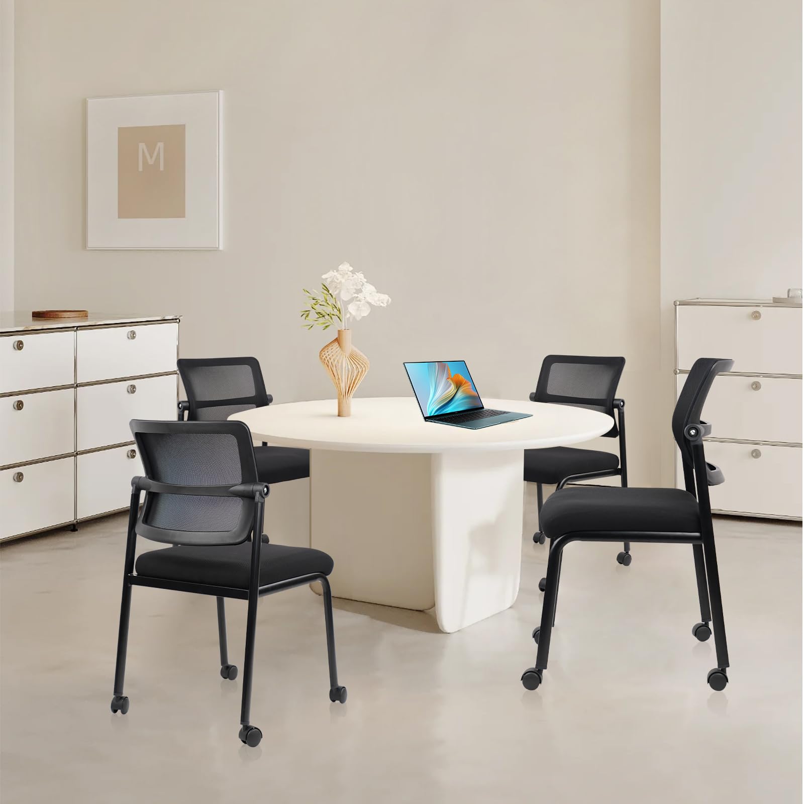 Stacking Armless Office Waiting Room Chair with Wheels, Stackable Mesh Guest Reception Desk Chairs with Adjustable Backrest for Conference Lobby Side School, Black, 4 Pack