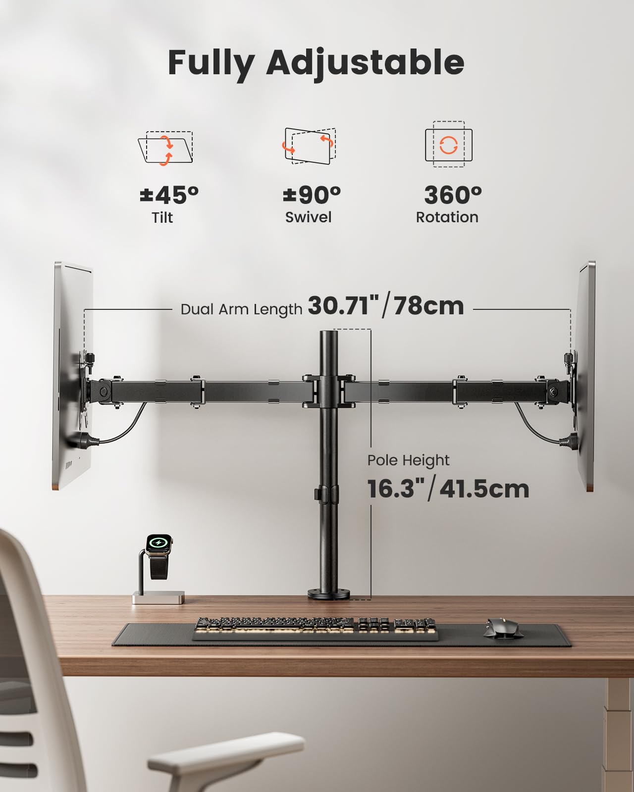 Dual Monitor Stand, Heavy Duty Adjustable Monitor Desk Mount for 2 Screens up to 32 Inches, Fully Adjustable Height, Tilt, Swivel, Rotate, Supports 17.6 lbs per Monitor Arm, Easy Installation