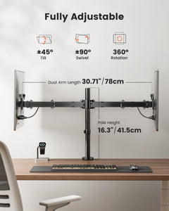 Dual Monitor Stand, Heavy Duty Adjustable Monitor Desk Mount for 2 Screens up to 32 Inches, Fully Adjustable Height, Tilt, Swivel, Rotate, Supports 17.6 lbs per Monitor Arm, Easy Installation