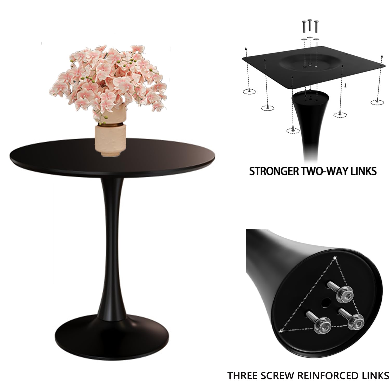 24" Tulip Table for 1-2 Persons Modern Round Dining Room Table, Mid-Century Modern Black Small Kitchen Table with MDF Wooden Top, Leisure Coffee Table for Living Room, Dining Room, Office