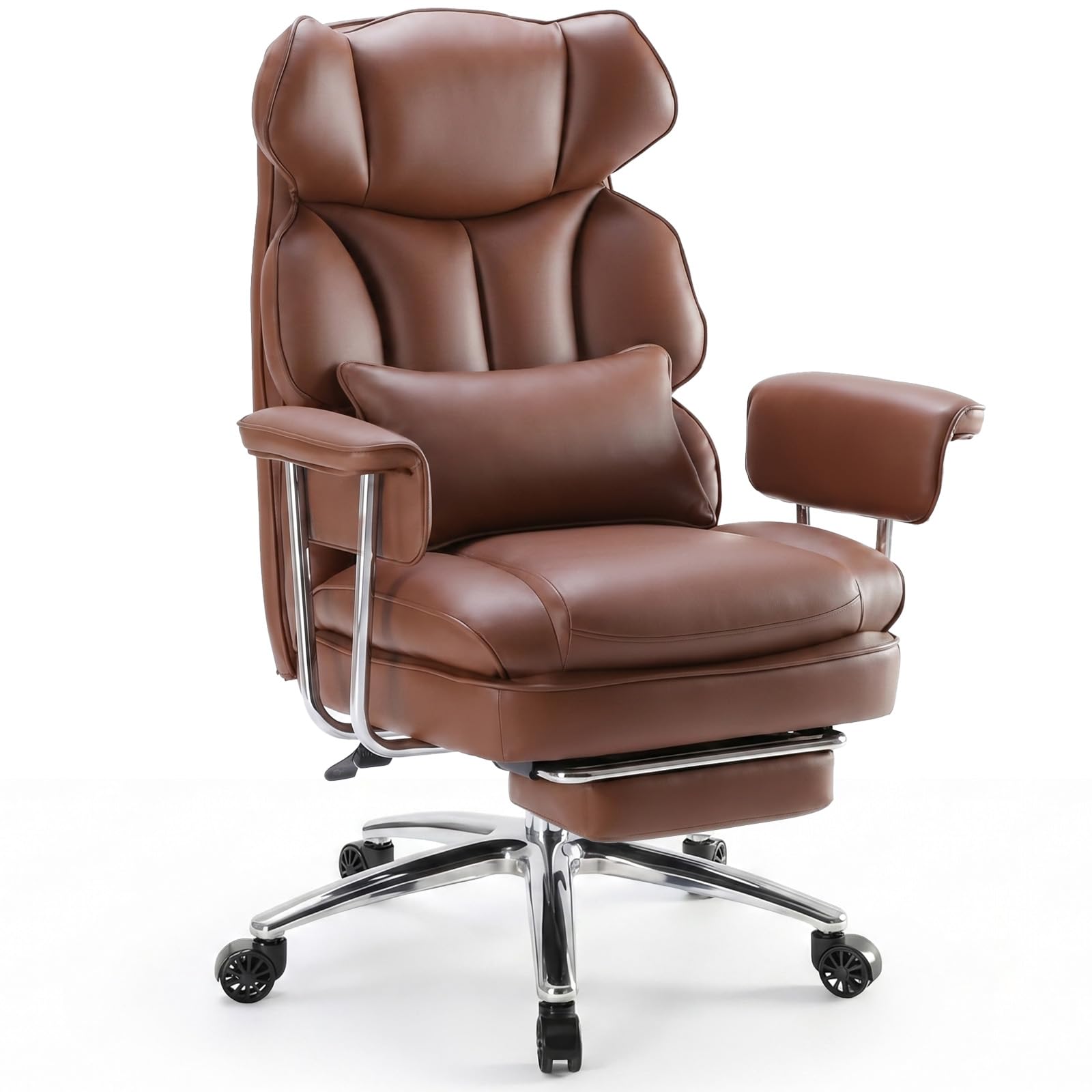Executive Home Office Desk Chair - Ergonomic Big Tall High Back with Footrest & Lumbar Support, Reclining Height Adjustable, Comfy PU Leather Computer Gaming with Swivel Wheels, Brown