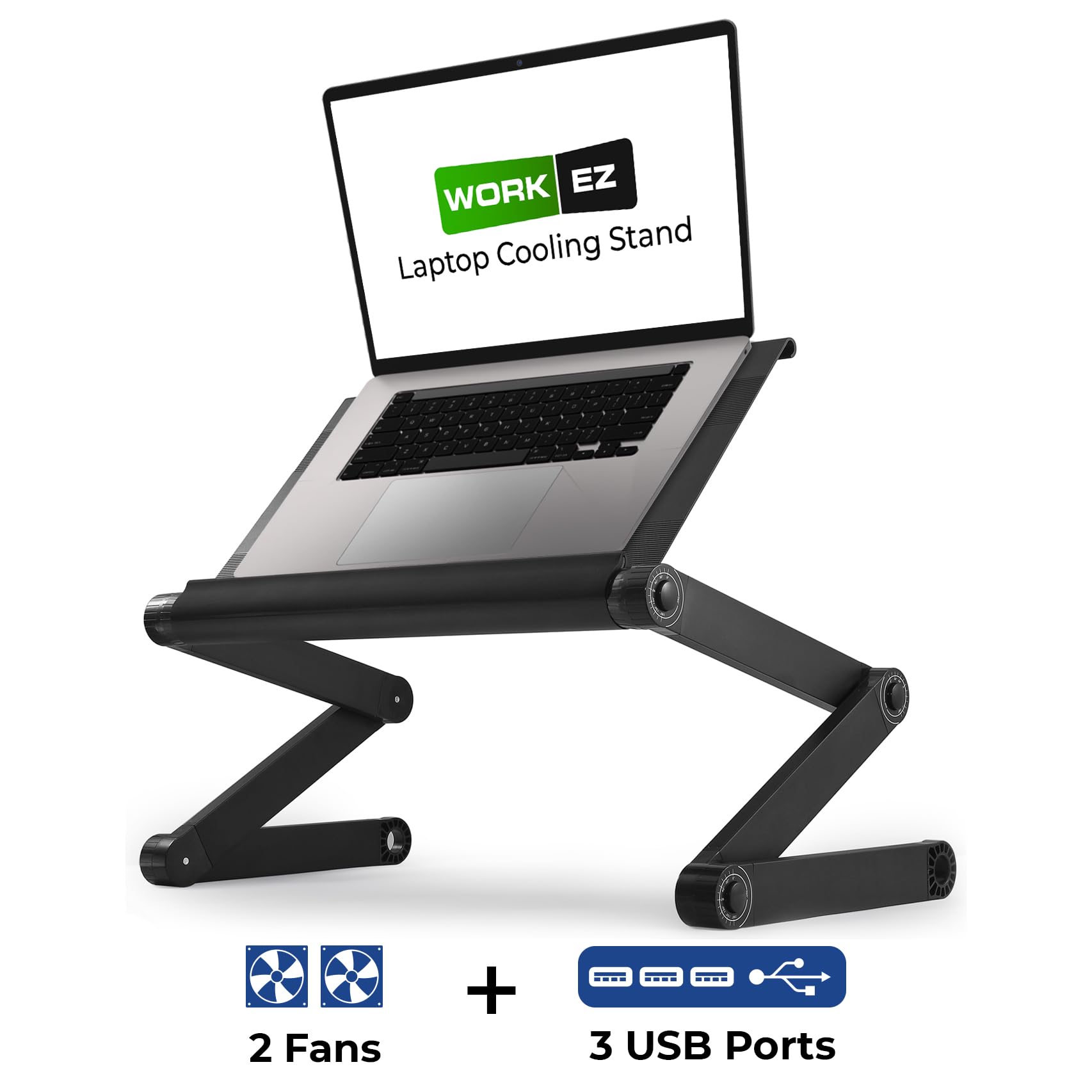Executive Laptop Cooling Stand, Adjustable Desk for Bed, Foldable with 2 Fans & 3 USB Ports, Computer Lap Desk, PC Holder for Bed, Ergonomic Table Stand, Home Office Supplies, Black