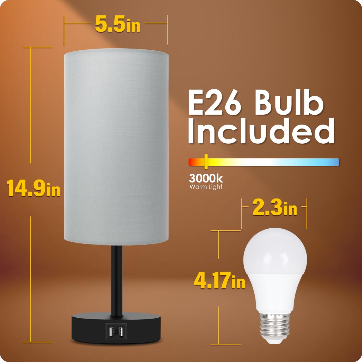 Desk Lamp with USB Port - Touch Control Table Lamp for Bedroom 3 Way Dimmable Nightstand Lamp with Round Grey Fabric Shade for Living Room, Dorm, Home Office (LED Bulb Included)