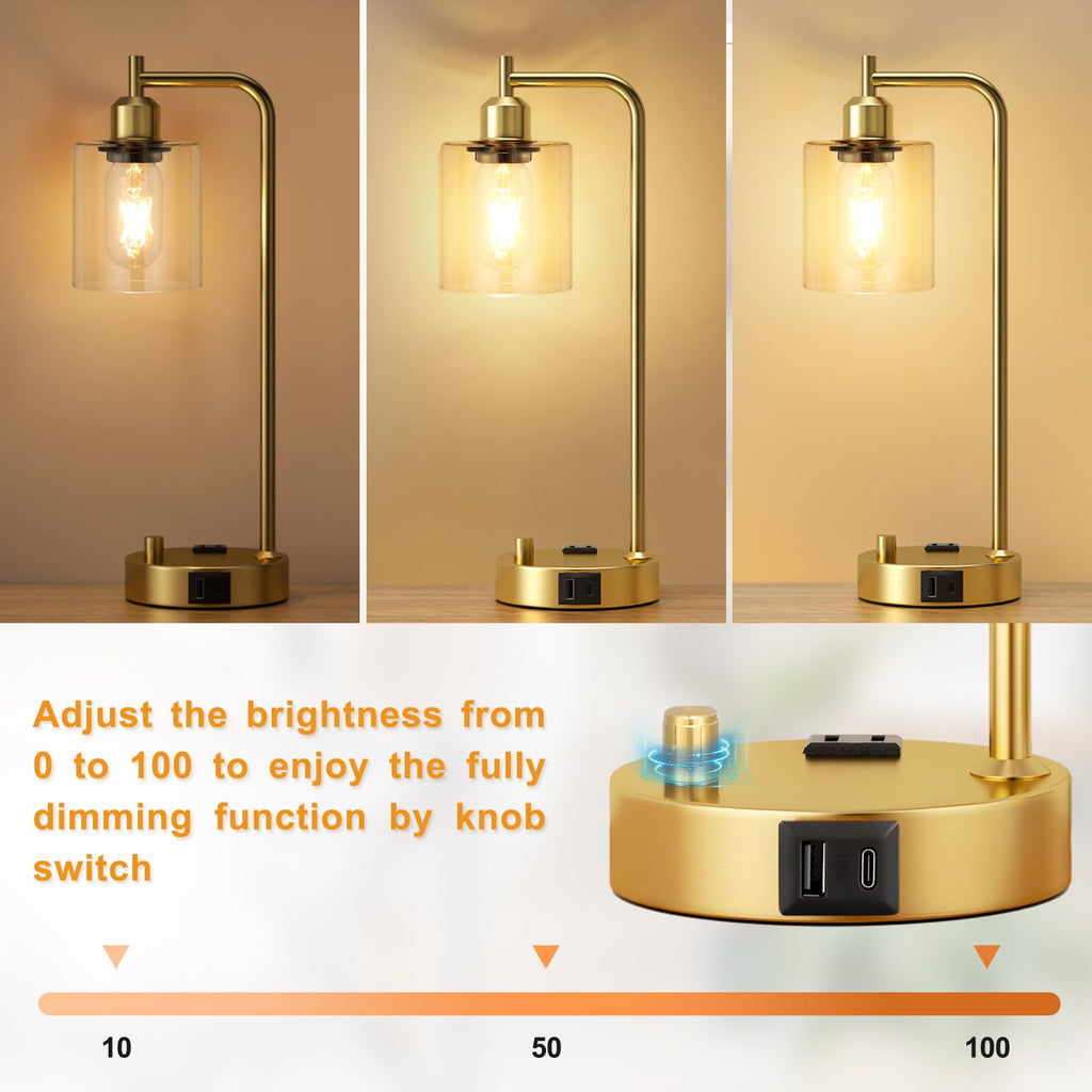Industrial Table Lamp for Bedroom Set of 2 - Fully Dimmable Bedside Lamps with USB Ports and Outlet, Gold Nightstand Lamps with Clear Glass Shade for Living Room, Desk Lamps for Office Reading