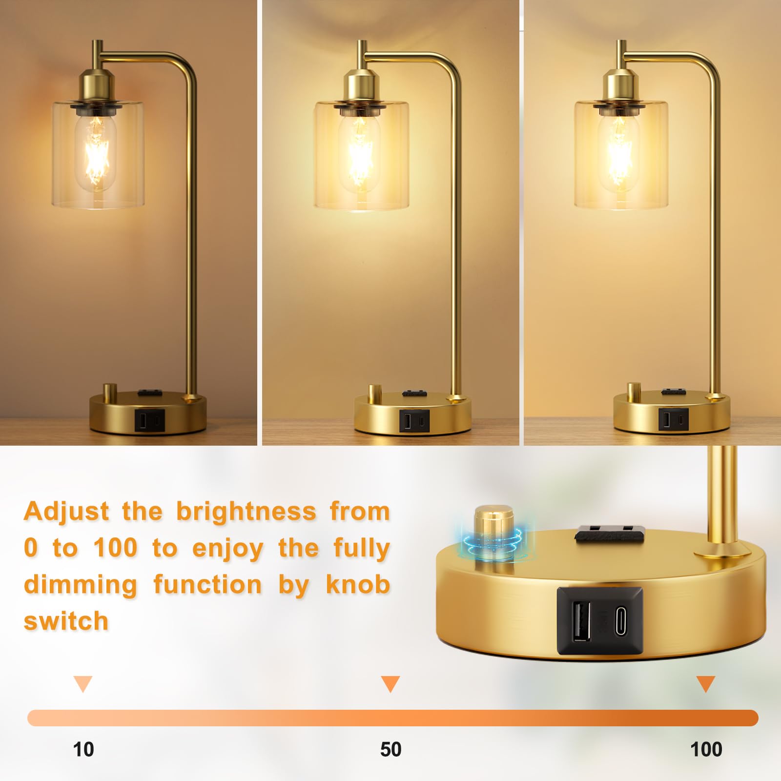 Industrial Table Lamp for Bedroom Set of 2 - Fully Dimmable Bedside Lamps with USB Ports and Outlet, Gold Nightstand Lamps with Clear Glass Shade for Living Room, Desk Lamps for Office Reading