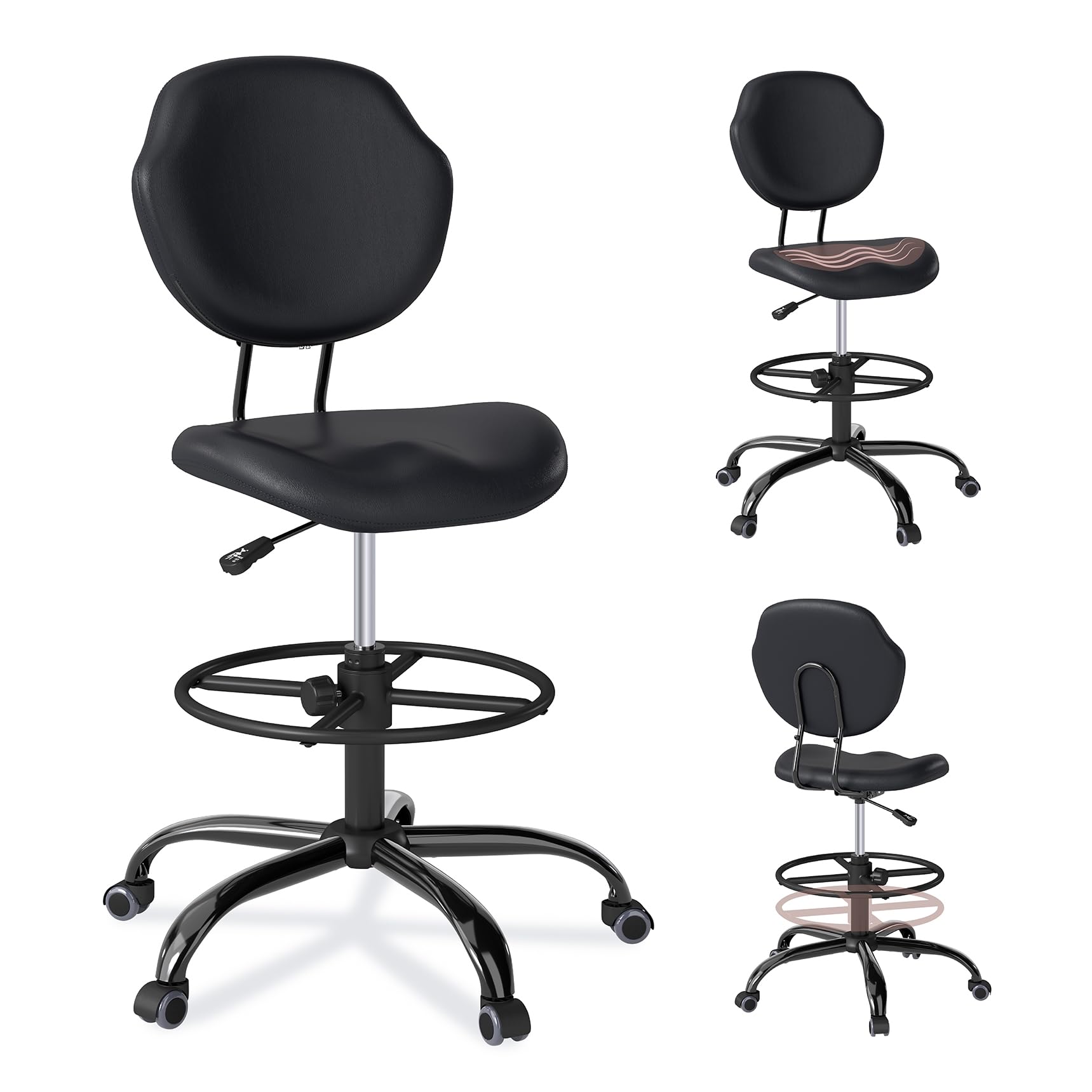 Drafting Chair with Back Support, Tall/High Desk Rolling Stool with Footrest Ring, Faux Leather Office Chair with Height Adjustable for Standing Desk, Home Office, Bar, Workbench & Kitchen(Black)