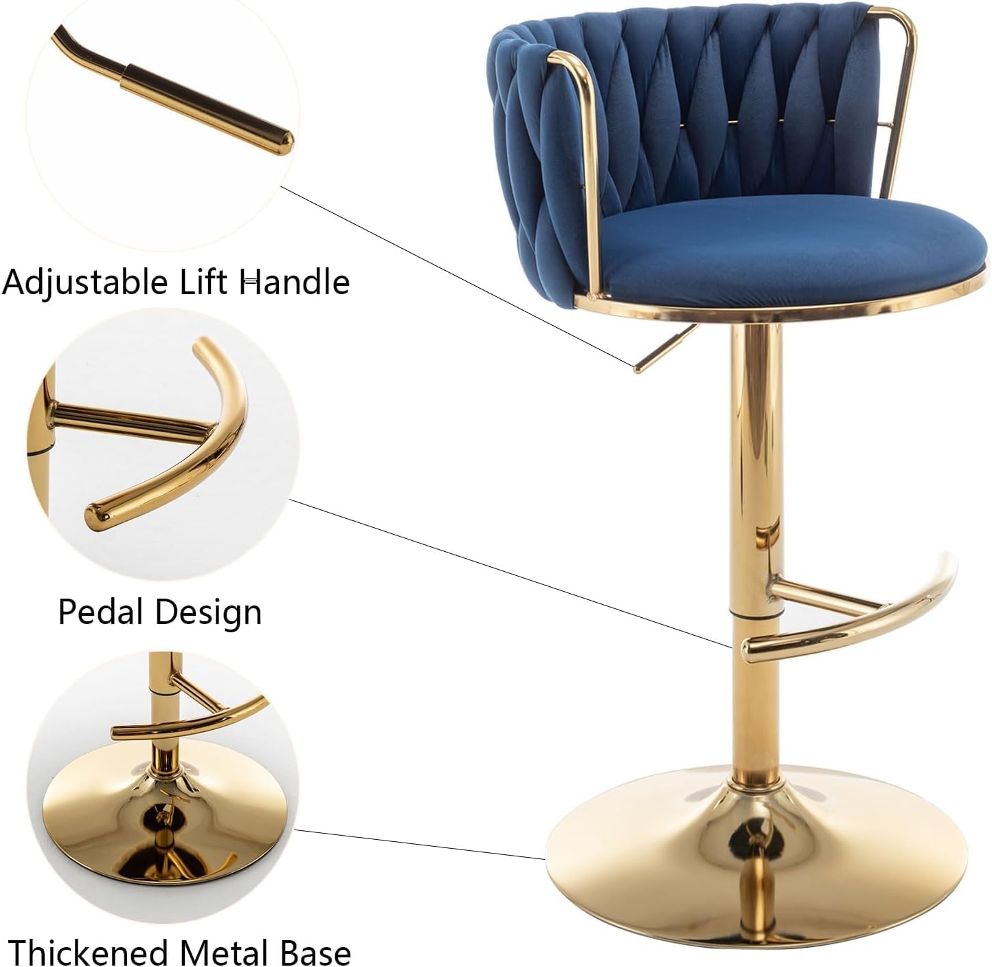 Gold Velvet Bar Stools Set of 3, Swivel Counter Height Bar Stools with Back, Adjustable Woven Barstools for Kitchen Island, Pub, Club (Blue)