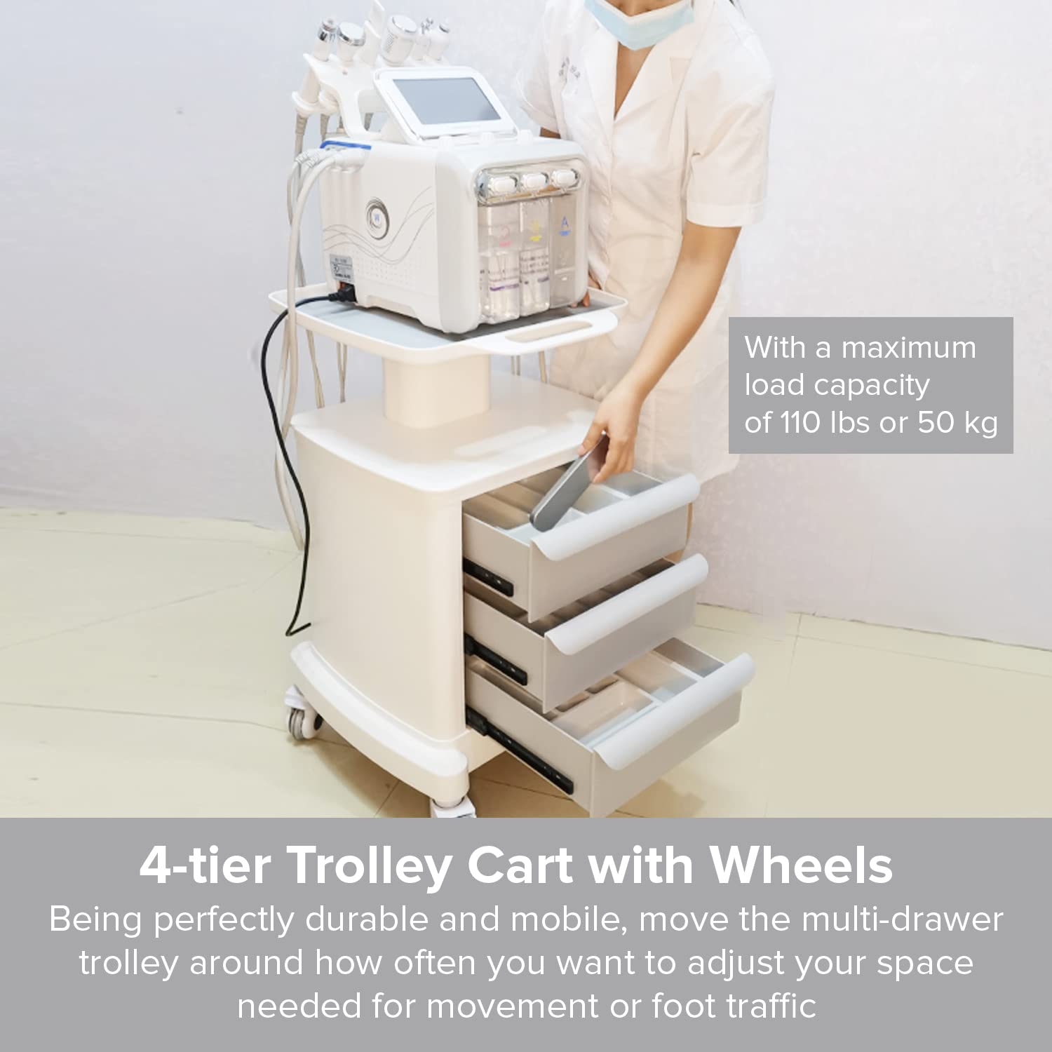 Professional-Grade 3-Drawer Utility Cart on Wheels - Trolley Cart w/ 3 Drawers & Utility Desk - Mobile Storage Cart, Cavitation Machine, Salon Supplies - Max 50kg/110lb Load…