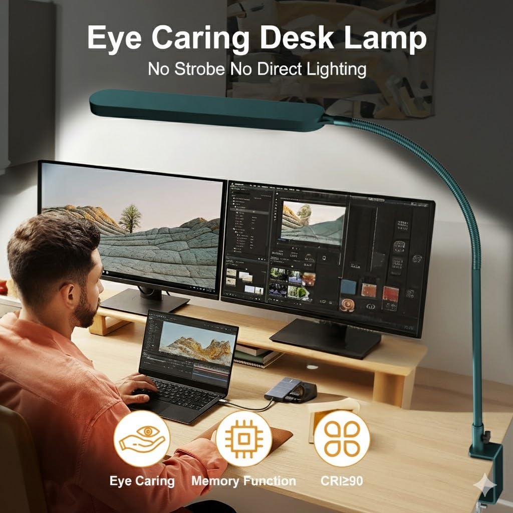 LED Desk Lamp - Desk Light for Home Office - Flexible Gooseneck - 5 Color Modes X 11 Brightness Levels - 1300LM - Timmer & Memory Function - 12W Clip on Light - Green