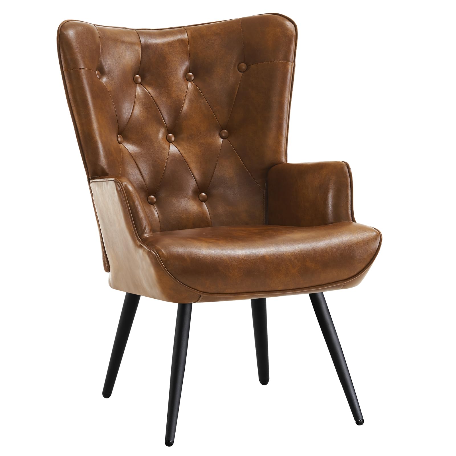 PU Leather Accent Chair for Living Room, Upholstered Reading Chair with High Backrest, Tufted-Button Wingback Armchair for Bedroom, Dressing Room, Home Office, Brown