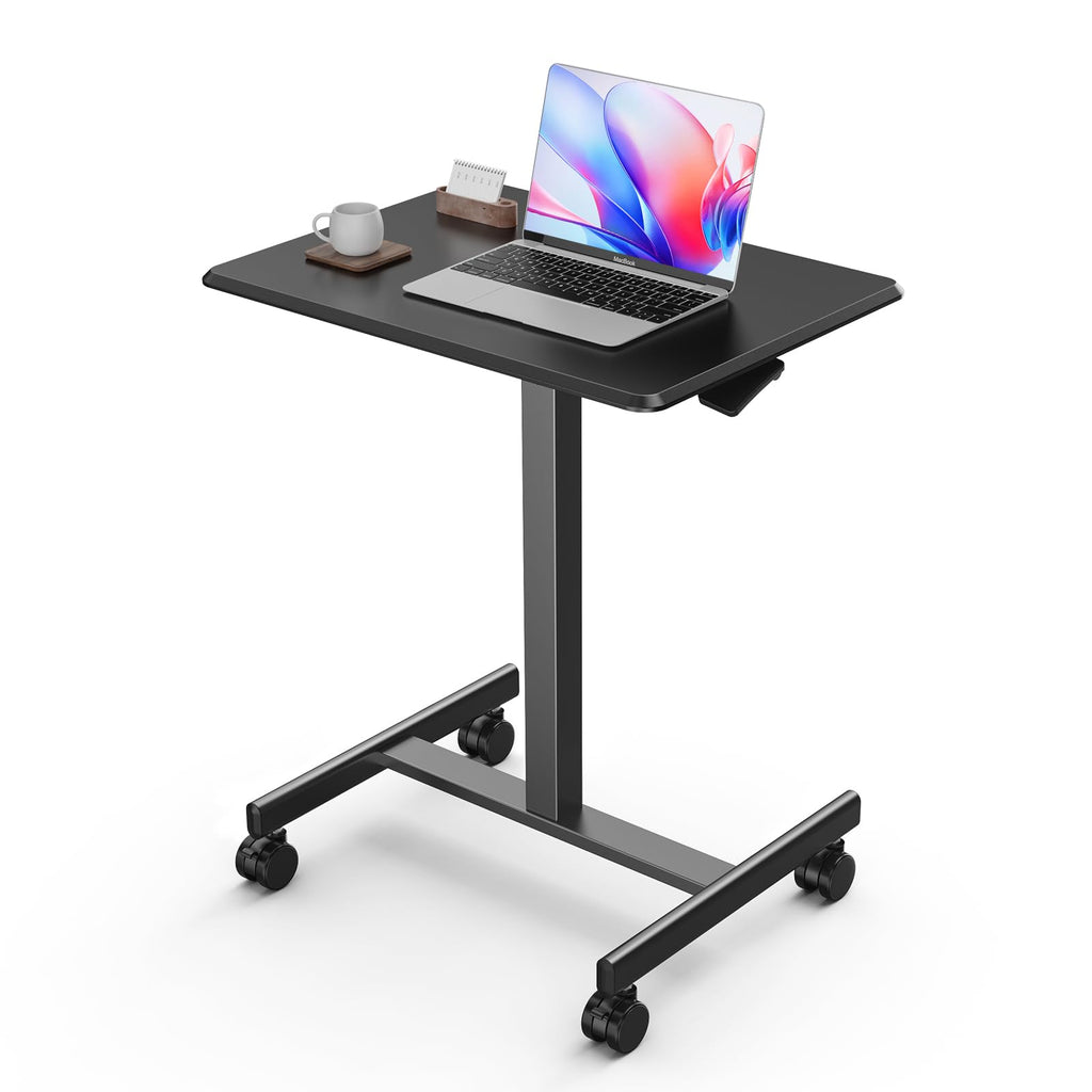 Mobile Small Standing Desk, Portable Rolling Laptop Desk with 2 Lockable Wheels, Adjustable Height Computer Workstation for Home Office, 19 Inch Black