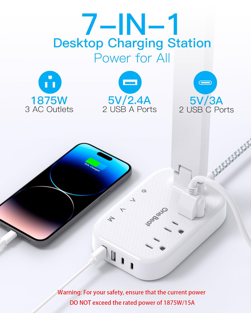 LED Small Desk Lamp Power Strip 5ft Extension Cord, 3 Outlets, 4 USB Ports(2 USB C), 4 Modes, 5 Level Touch- Home, Office, Bedroom, Bedside, Study Reading Light, Dorm Room Essentials, White