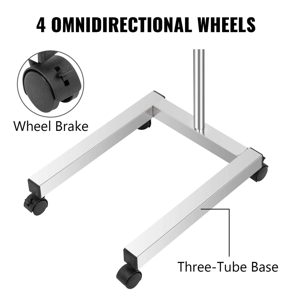 Lab Cart, Stainless Steel Mayo Tray Stand 18 x 14 in Trolley Mayo Stand, Adjustable Height 32-51 in Instrument Tray with Removable Tray & 4 Omnidirectional Wheels, Ideal for Home Equipment