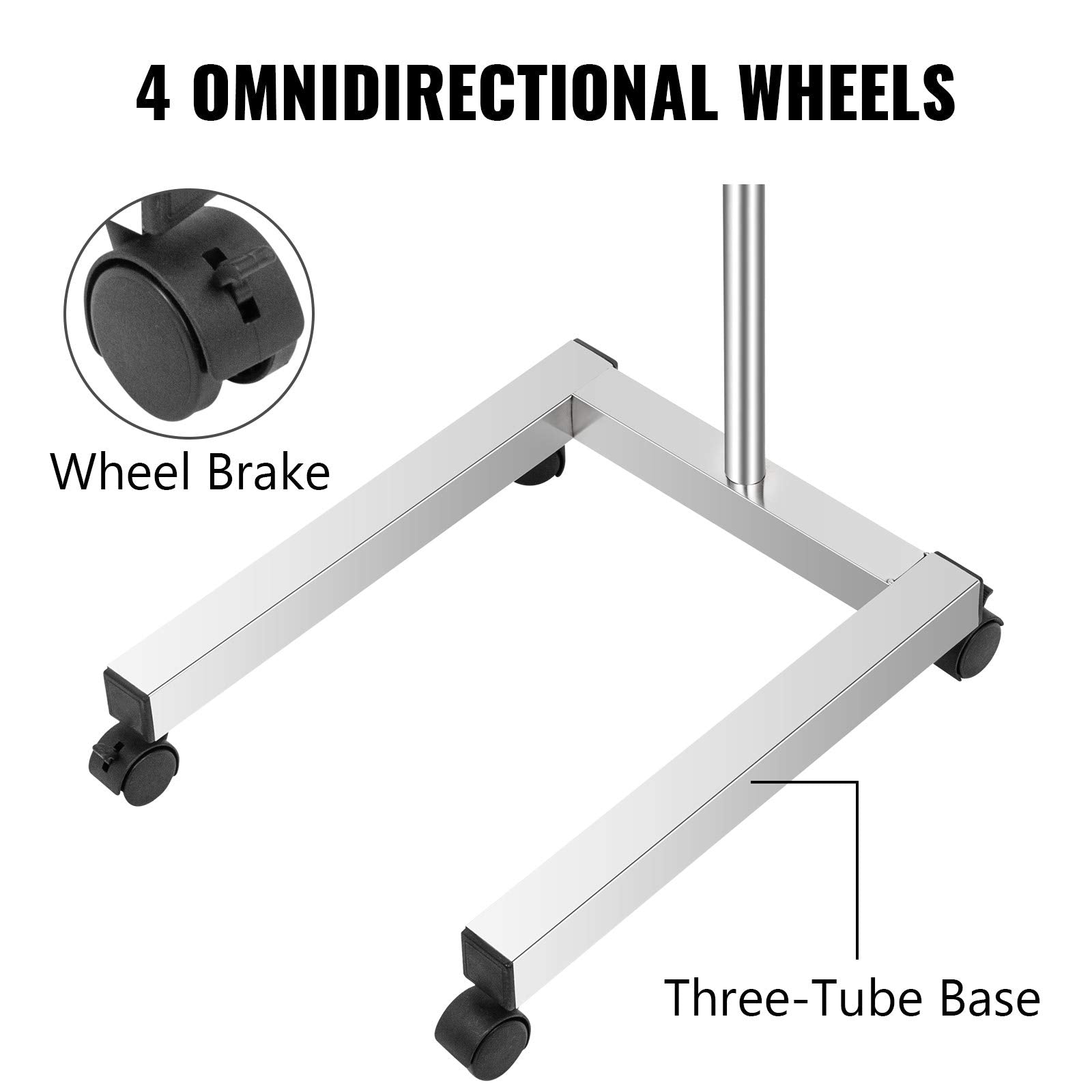 Lab Cart, Stainless Steel Mayo Tray Stand 18 x 14 in Trolley Mayo Stand, Adjustable Height 32-51 in Instrument Tray with Removable Tray & 4 Omnidirectional Wheels, Ideal for Home Equipment