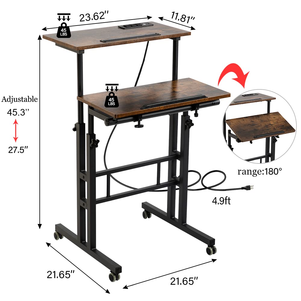 Mobile Standing Desk with Wheels, Rolling Desk Adjustable Height, Portable Laptop Table with Charging Station, Sit Stand up for Home Office, Study, Classroom, Rustic Brown