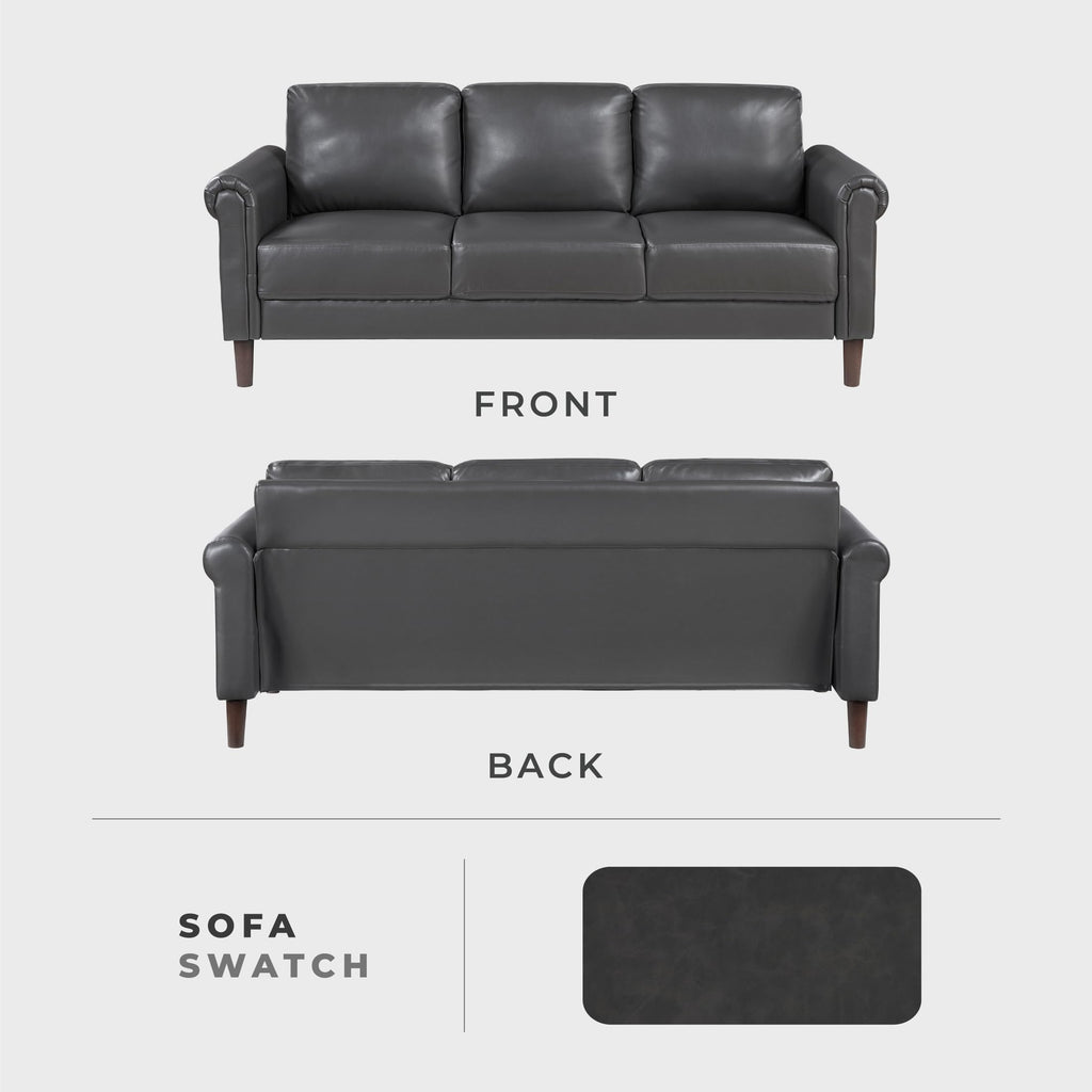 79" W Sofa Couch, Faux Leather Upholstered 3-Seater with Rolled Arms & Wood-Look Feet, Pocket Coil Support, Traditional Living Room, Office or Waiting Room Seating - Dark Gray