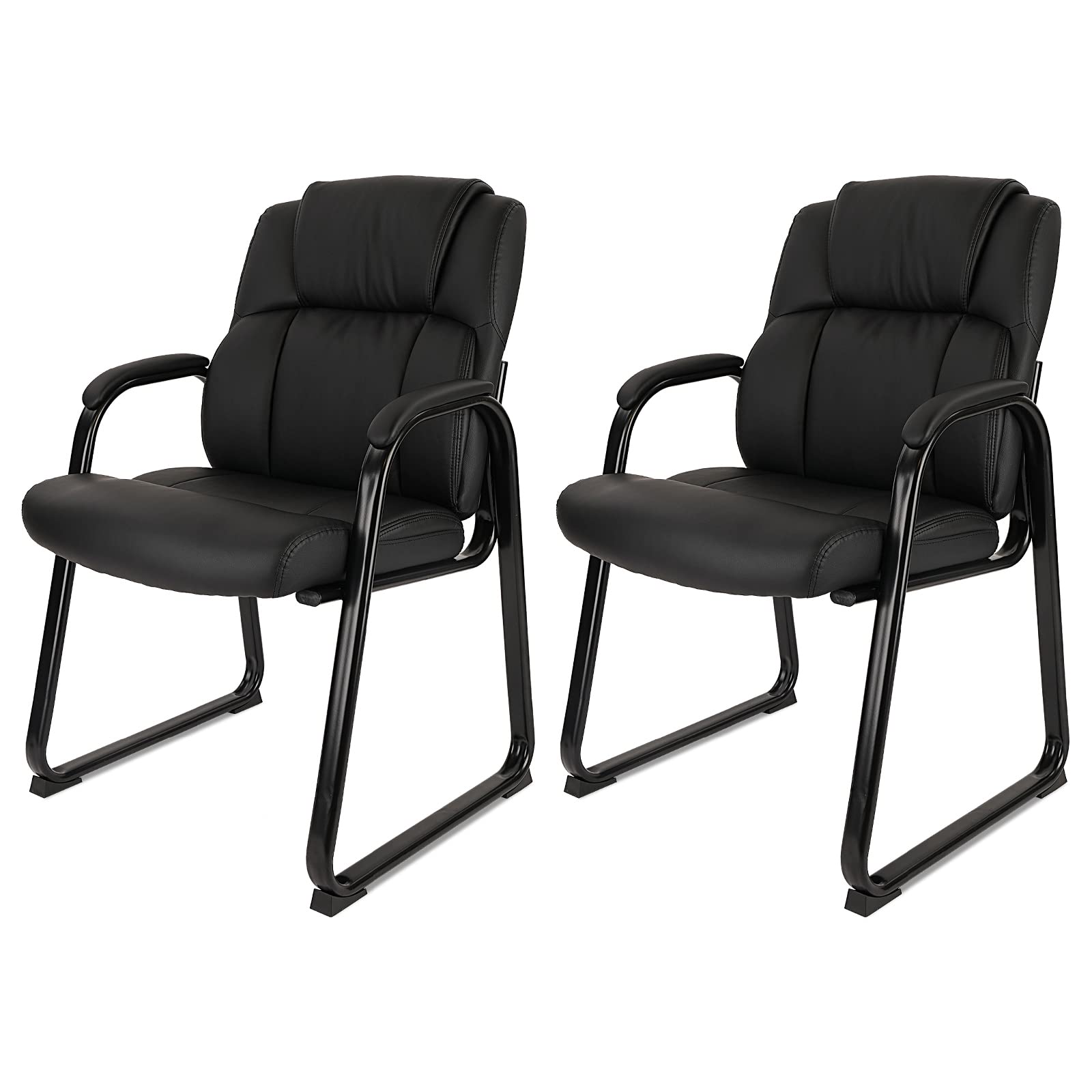 Classic Leather Soft Reception Chair with Padded Armrests and Sled Base, Executive Guest Chair for Office Computer Desk Conference Waiting Meeting Room, Black (2 Pack)