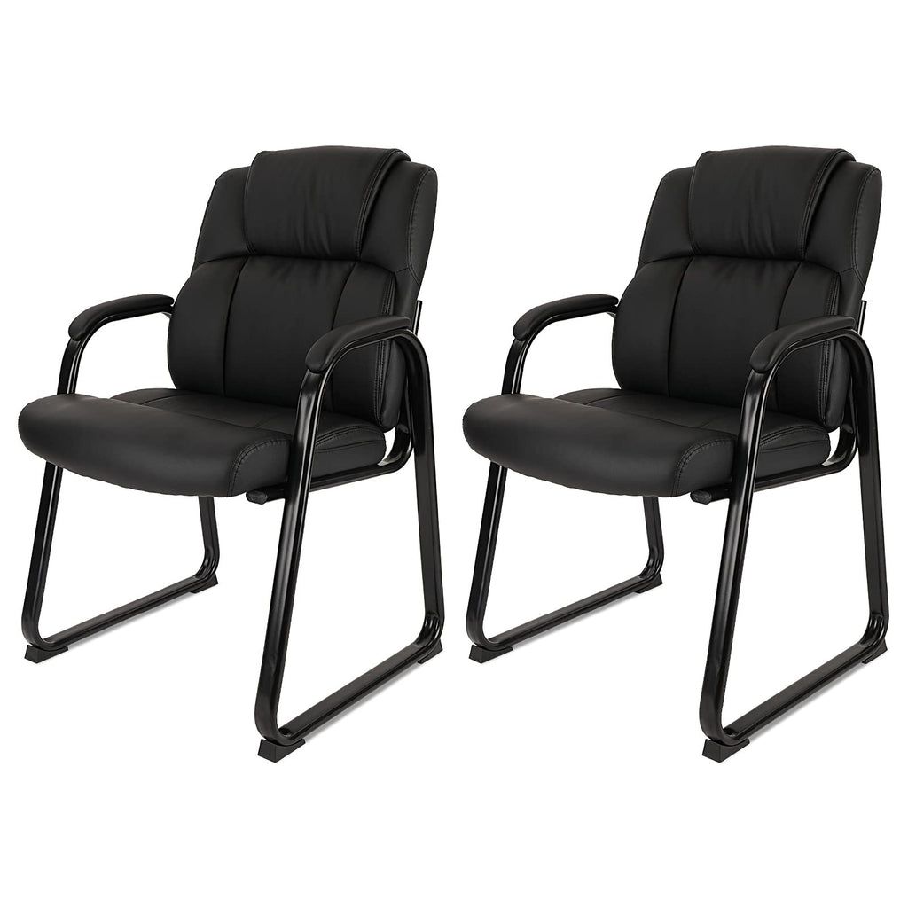 Classic Leather Soft Reception Chair with Padded Armrests and Sled Base, Executive Guest Chair for Office Computer Desk Conference Waiting Meeting Room, Black (2 Pack)
