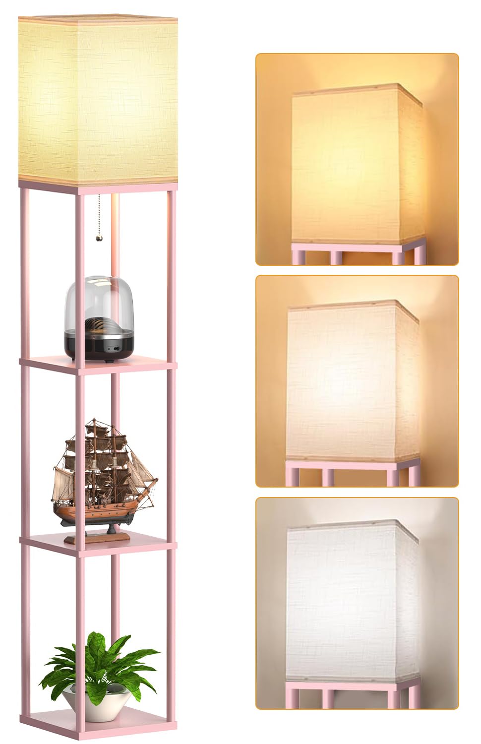 Pink Floor Lamp with Shelves for Living Room, Shelf Floor Lamp with 3 CCT LED Bulb, Corner Display Standing Column Lamp Etagere Organizer Tower Nightstand with White Linen Shade for Bedroom, Office