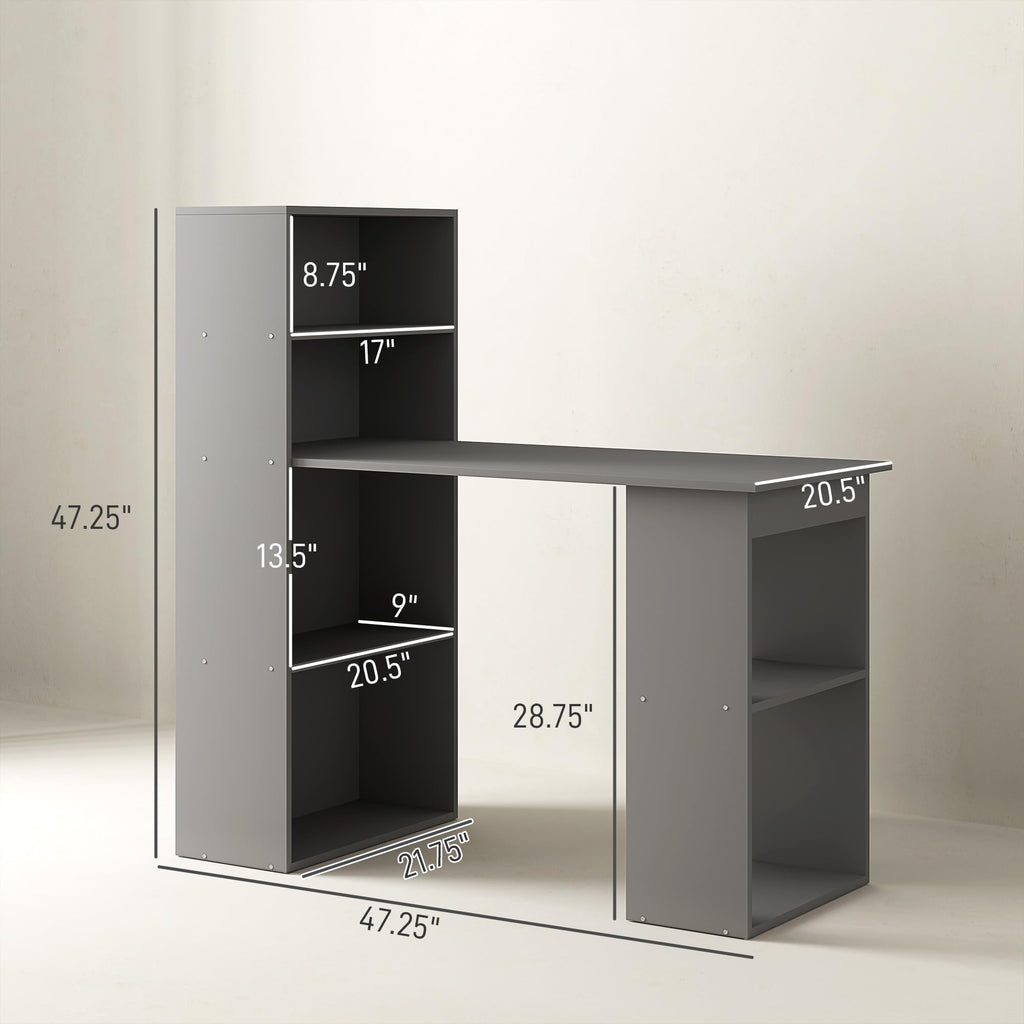 Modern Home Office Desk with 6-Tier Storage Shelves, 47" Writing Desk with Bookshelf, Gray