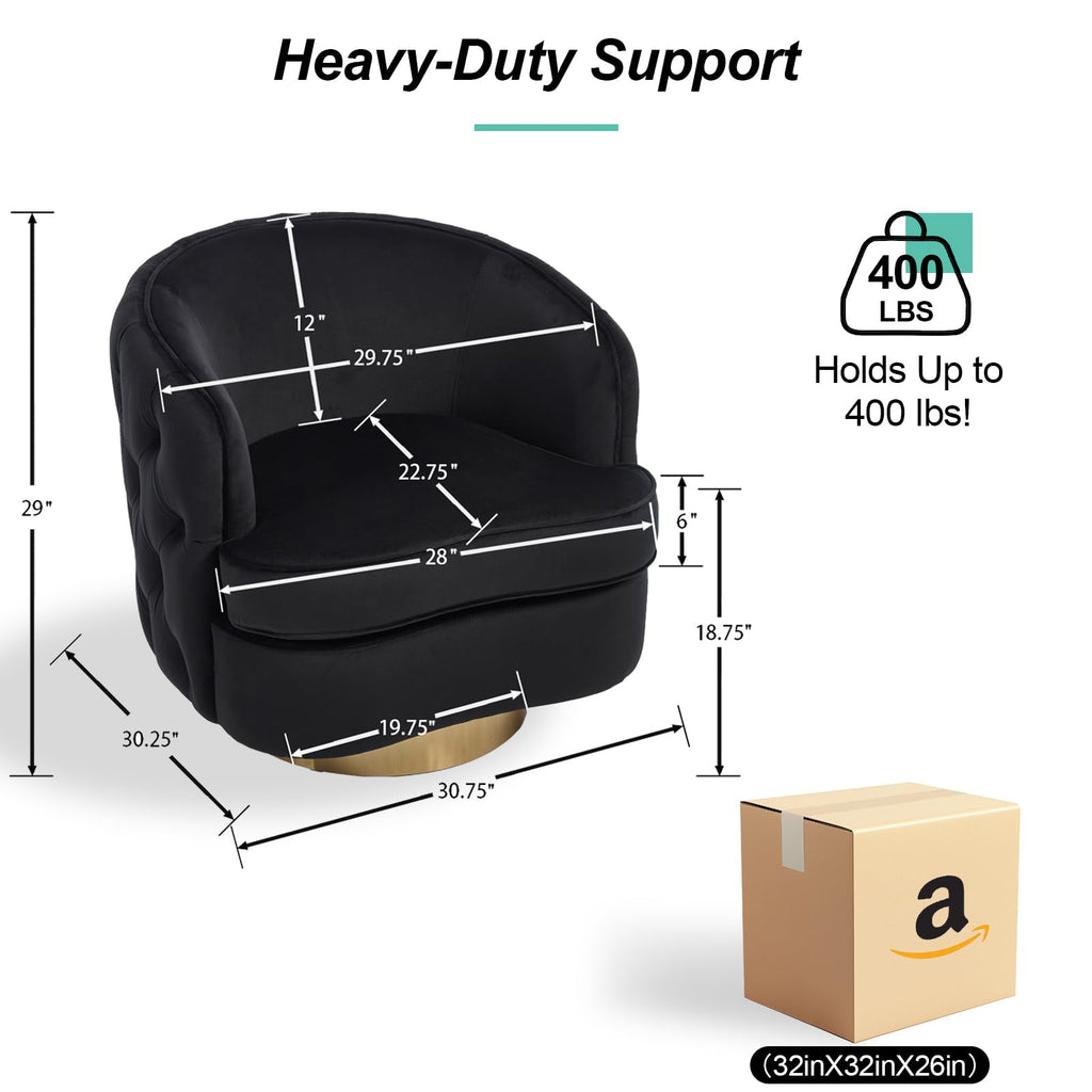 Black Modern Accent Chair, Swivel Barrel Armchair for Living Room, Button Tufted Velvet Comfy Chairs, Round Upholstered Single Sofa Seating with Gold Base