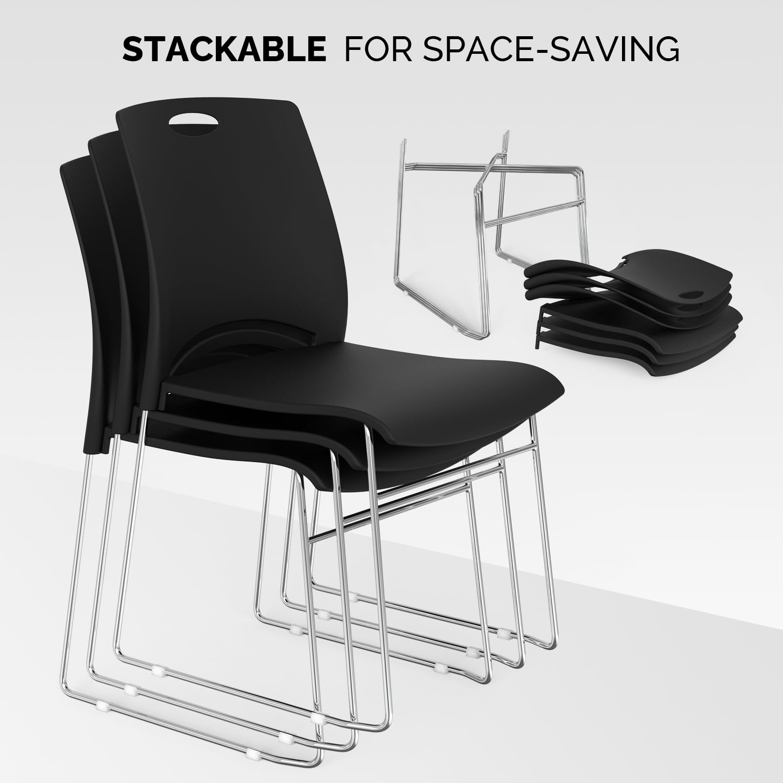 Stacking Chairs Set of 4 Stackable Office Chairs with Metal Sled Base, Ergonomic Plastic Seat, Stacking Chairs for Waiting Room Break Room Banquet Guest, Black