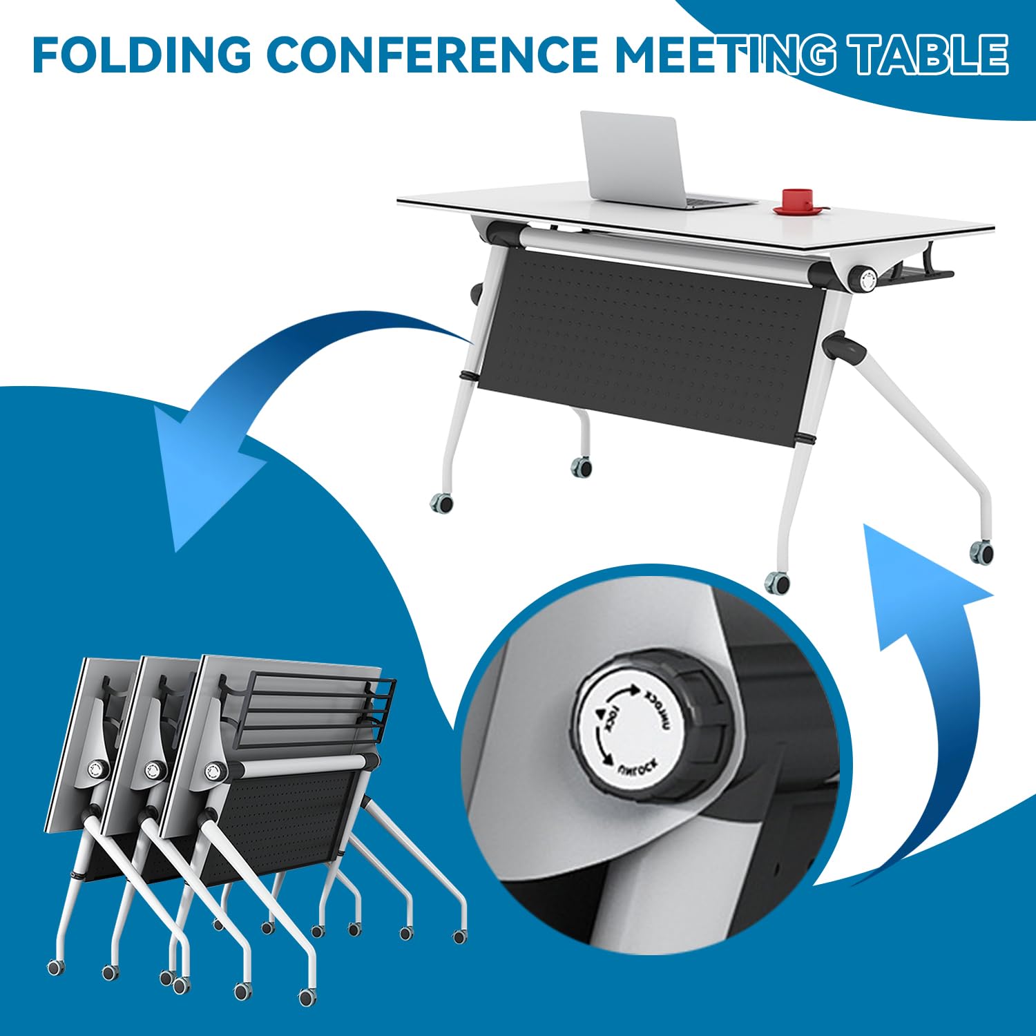 Folding Conference Table, Modern Flip Top Mobile Meeting Table, Rolling Conference Room Tables, Rectangular Seminar Meeting Tables for Office, Training Rooms (8, 53.1in)