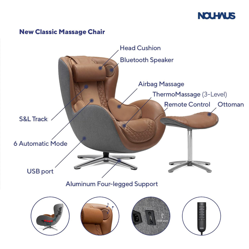 Classic Massage Chair with Ottoman – Caramel Leather Recliner with Percussive Shiatsu Massager, Built-in Speaker & Full Body Spot Massage – Ultimate Comfort for Home & Office