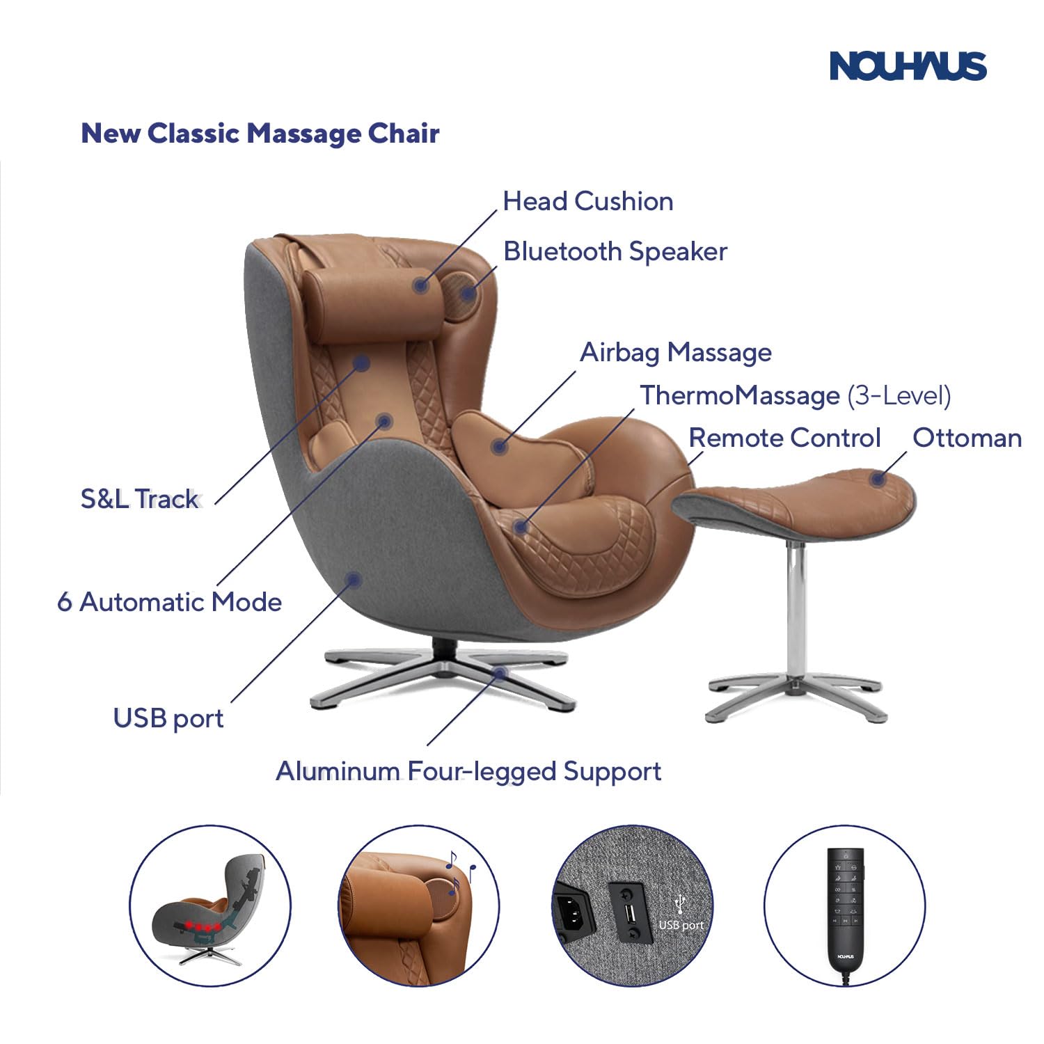 Classic Massage Chair with Ottoman – Caramel Leather Recliner with Percussive Shiatsu Massager, Built-in Speaker & Full Body Spot Massage – Ultimate Comfort for Home & Office