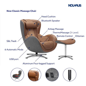 Classic Massage Chair with Ottoman – Caramel Leather Recliner with Percussive Shiatsu Massager, Built-in Speaker & Full Body Spot Massage – Ultimate Comfort for Home & Office