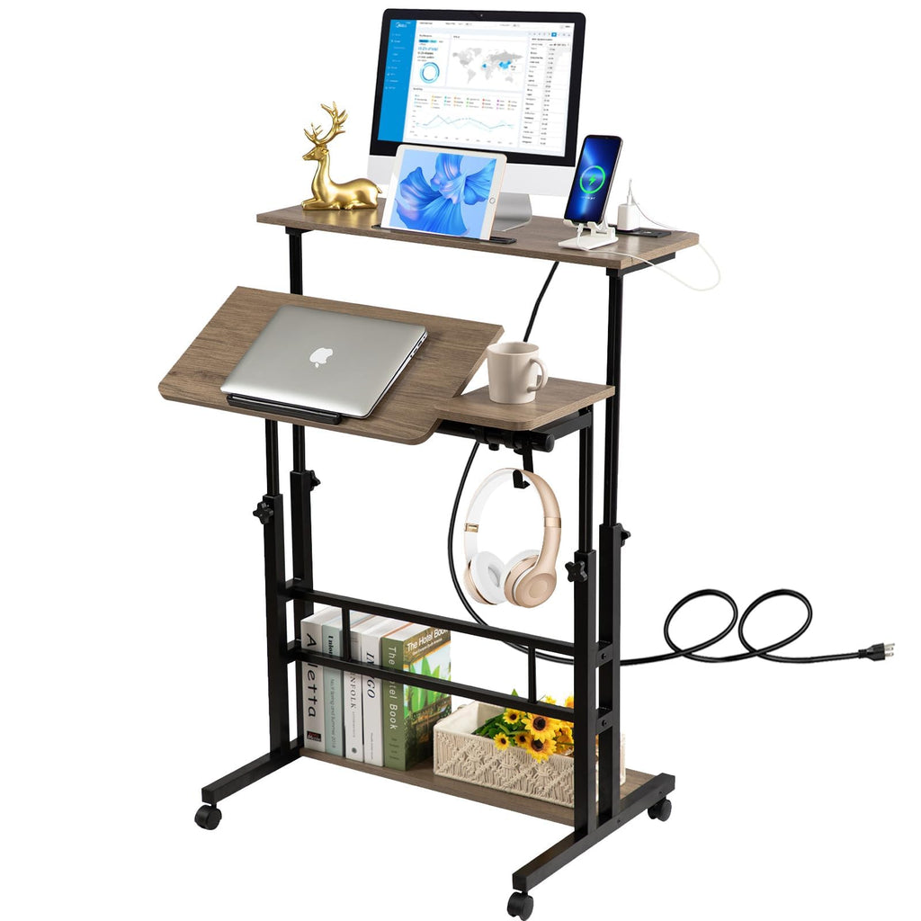 Rolling Stand Up Desk Adjustable Height - Portable Standing Desk with Wheels & Charging Station, Mobile Laptop Desk Small Standing Desk Drawing Table, Grey