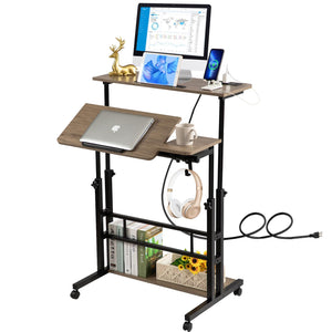 Rolling Stand Up Desk Adjustable Height - Portable Standing Desk with Wheels & Charging Station, Mobile Laptop Desk Small Standing Desk Drawing Table, Grey