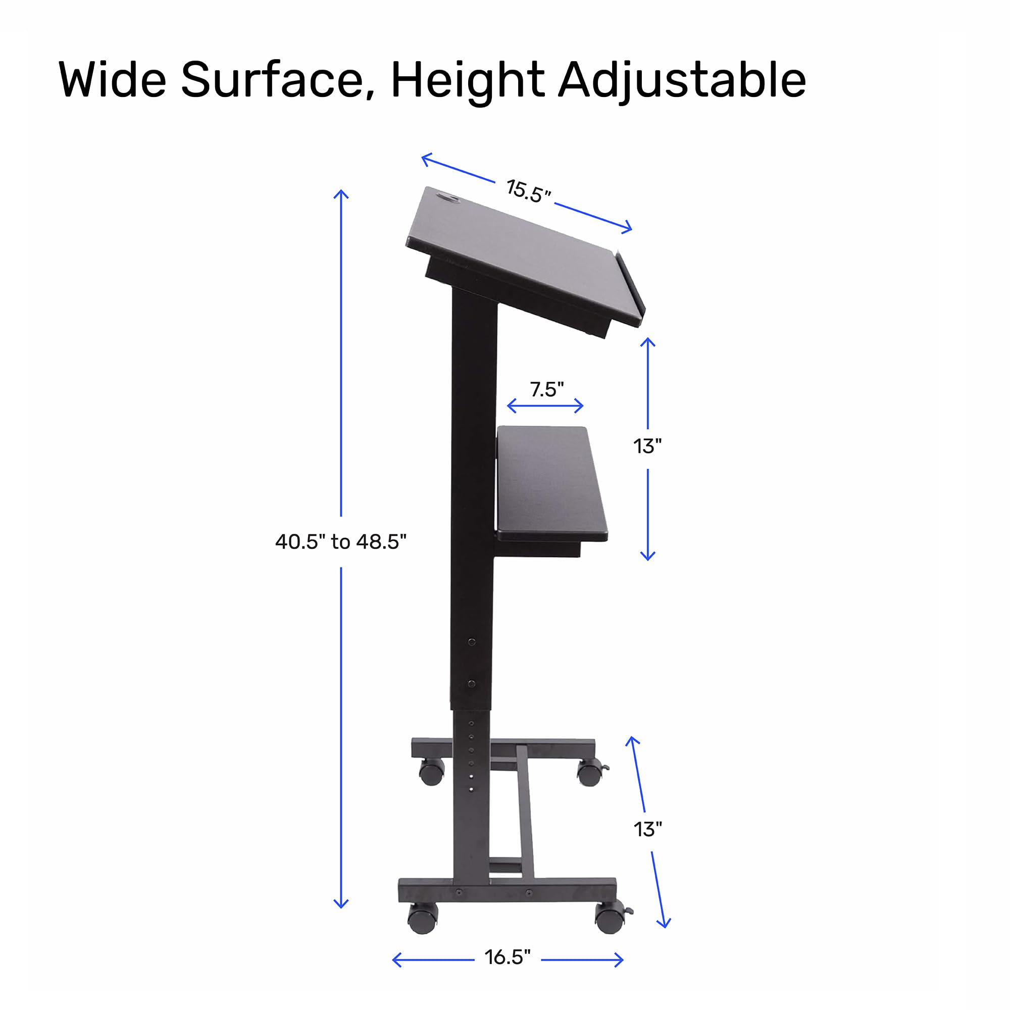 Stand Up Adjustable Height Lectern Podium | Rolling Desk with Storage Shelf | Ergonomic Standing Desk Frame for Office, Classroom, Laptop, Teaching, Presentations & More (Black)