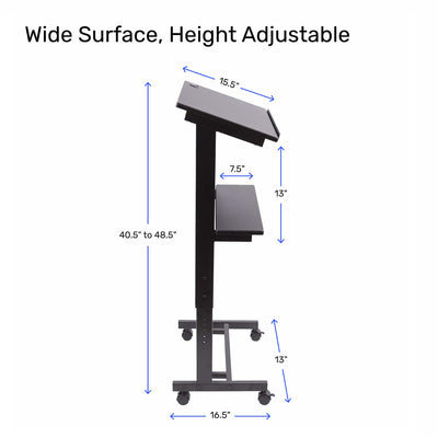 Stand Up Adjustable Height Lectern Podium | Rolling Desk with Storage Shelf | Ergonomic Standing Desk Frame for Office, Classroom, Laptop, Teaching, Presentations & More (Black)