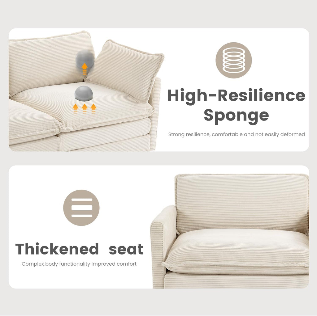 78'' Modular Sectional Cloud Couch with Movable Ottoman, 3 Seat Comfy Modern Corduroy Sofa with 2 Throw Pillows, Deep Seat L Shaped Couch for Living Room Bedroom Apartment, Beige