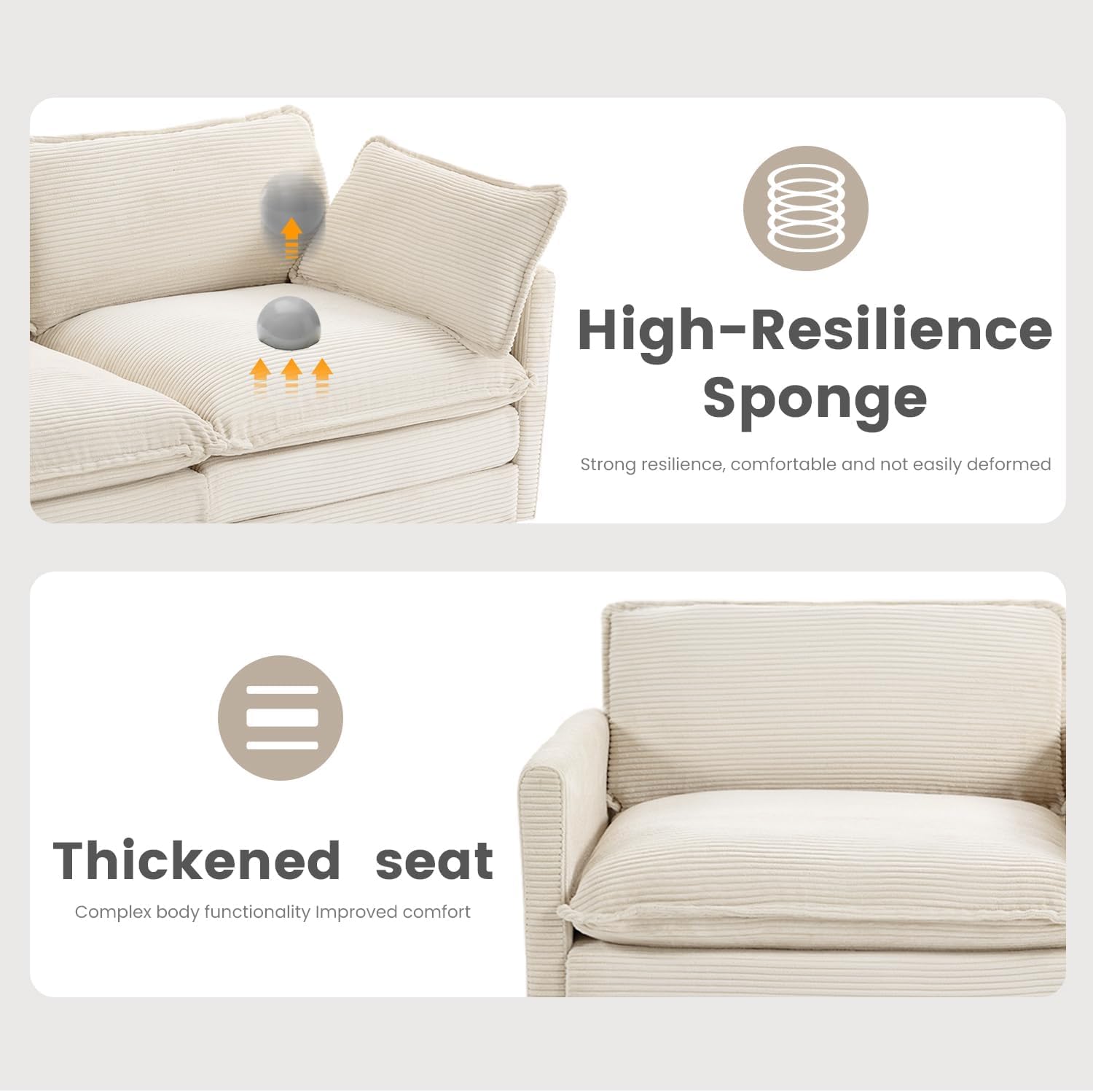 78'' Modular Sectional Cloud Couch with Movable Ottoman, 3 Seat Comfy Modern Corduroy Sofa with 2 Throw Pillows, Deep Seat L Shaped Couch for Living Room Bedroom Apartment, Beige
