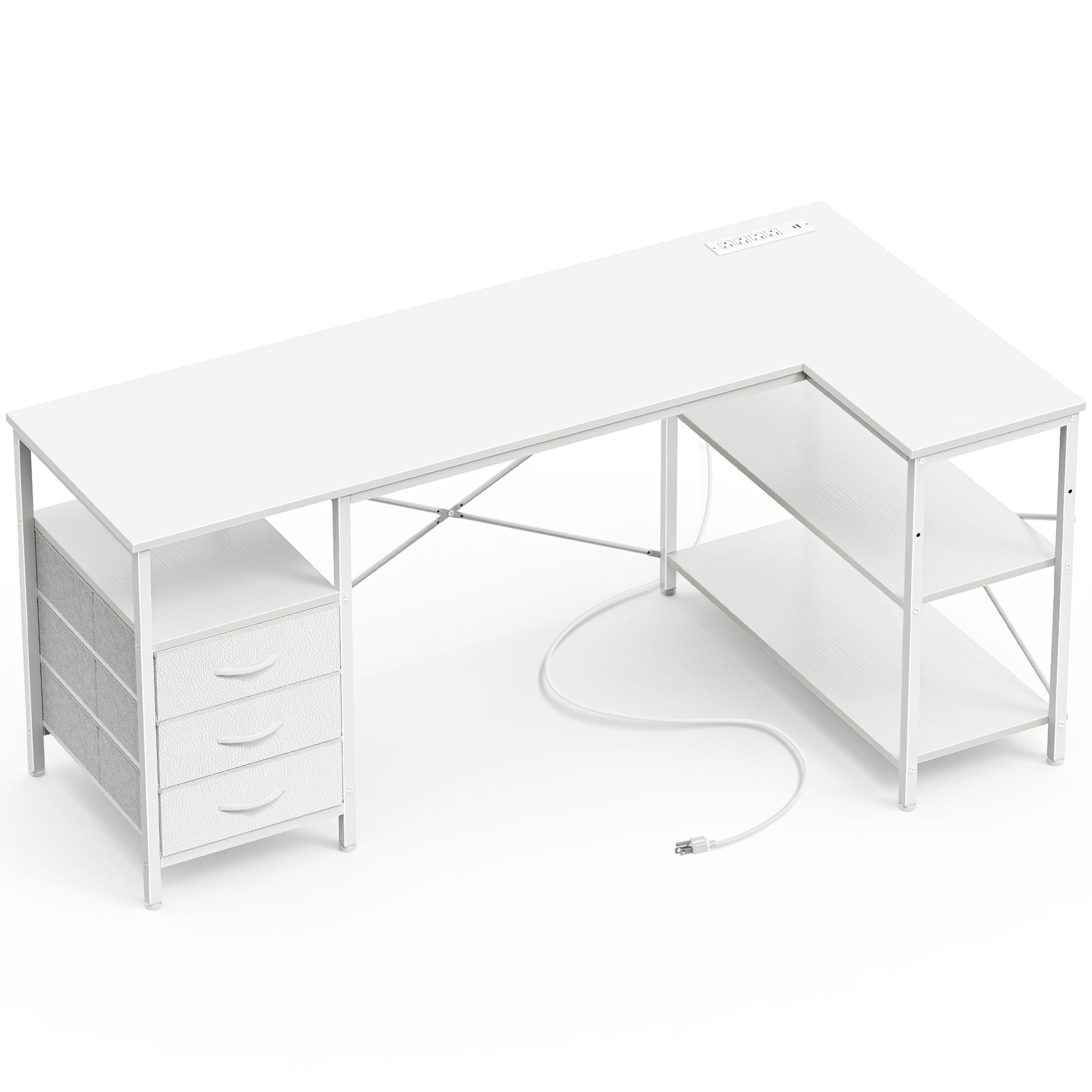 L Shaped Office Desk with Power Outlets, 55 Inch Computer Desk with 3 Drawers, Shelves, Reverisble for Gaming Corner Work Home Office Study, White