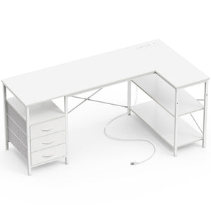 L Shaped Office Desk with Power Outlets, 55 Inch Computer Desk with 3 Drawers, Shelves, Reverisble for Gaming Corner Work Home Office Study, White