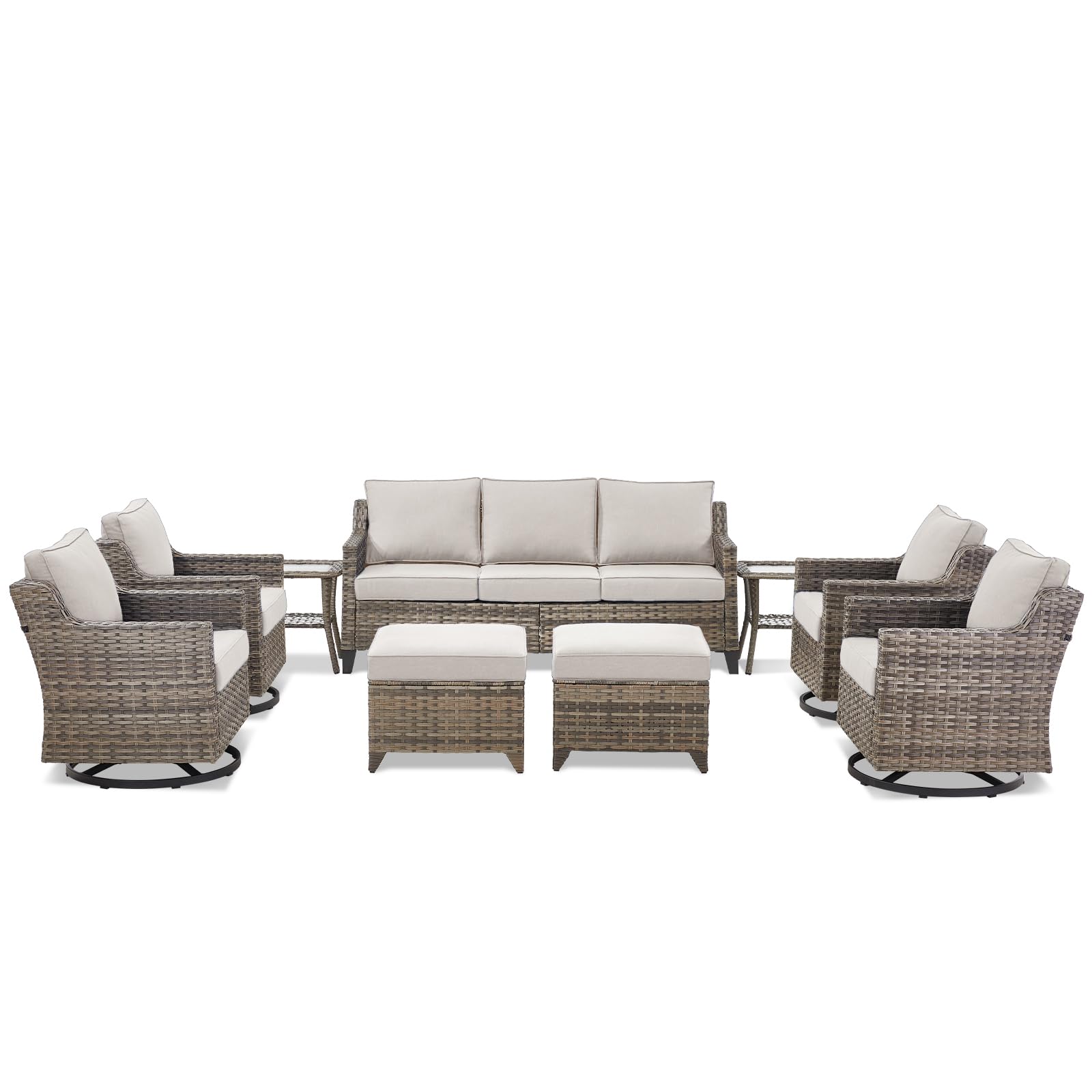 Outdoor Patio Furniture Set-9 Pieces All-Weather Wicker Outdoor Furniture with Swivel Patio Chairs Outdoor Patio Conversation Sets for Garden Porch Deck Grey/Beige