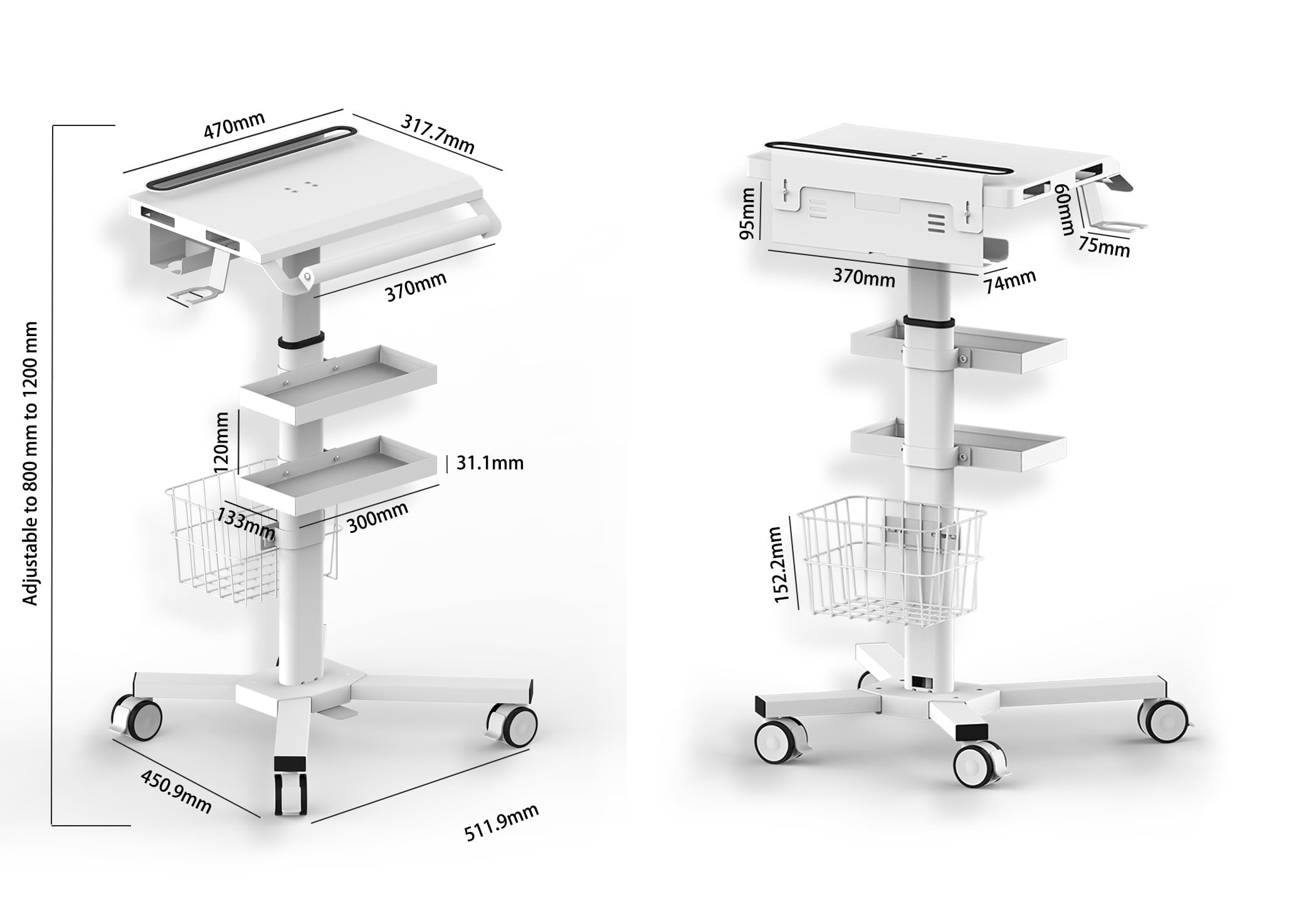 MB-C07 Height Adjustable, Anti-Theft, Anti-Slip Medical Laptop Workstation Trolley Cart With Wheels, Oral Scanner Holder, Basket Storage,