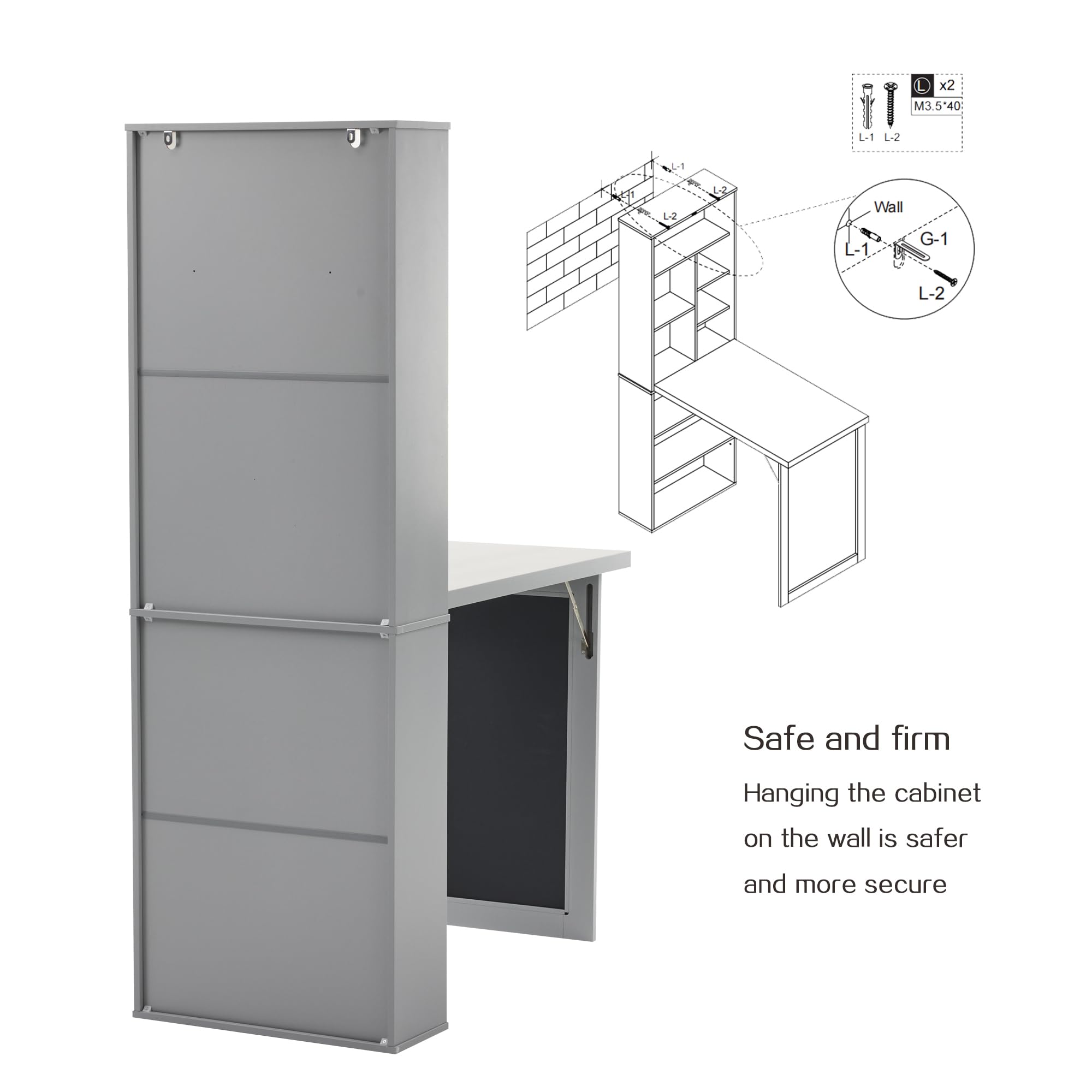 Folding Desk with Storage,Foldable Convertible Writing table with Blackboard and Shelves,Wall Mount Fold Out Table Cabinet , Space-Saving Murphy Desk for Multi-Function Home Office Workstation (Grey)
