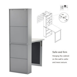 Folding Desk with Storage,Foldable Convertible Writing table with Blackboard and Shelves,Wall Mount Fold Out Table Cabinet , Space-Saving Murphy Desk for Multi-Function Home Office Workstation (Grey)