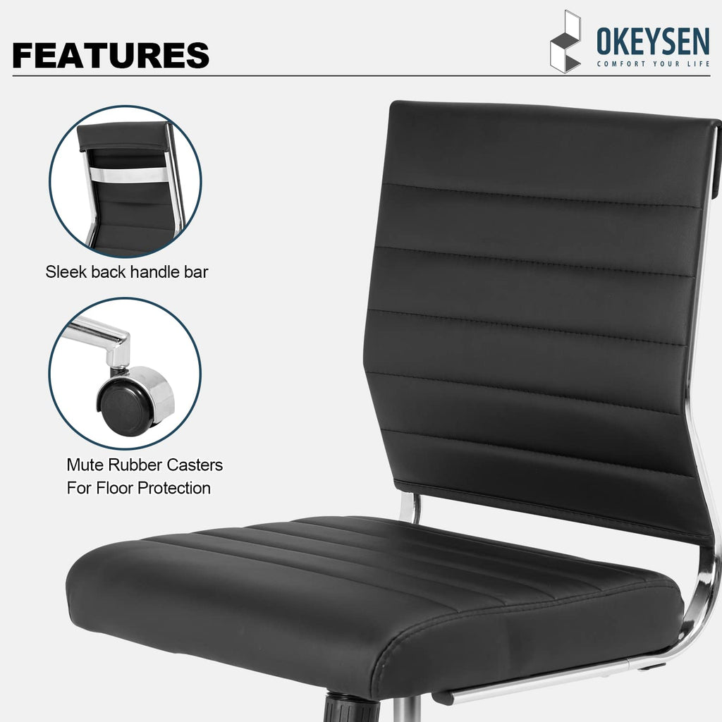 Armless Office Desk Chair, Mid Back Ergonomic Swivel Conference Room Chair, Adjustable Height PU Leather Home Desk Chair, Modern Small Rolling Computer Task Chair, Black