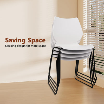Set of 4, White, Stackable Waiting Room Chair, Stacking Office Chair with Ergonomic Lumbar Support and Metal Legs, Plastic Desk Chairs for Conference School Church Guest Reception