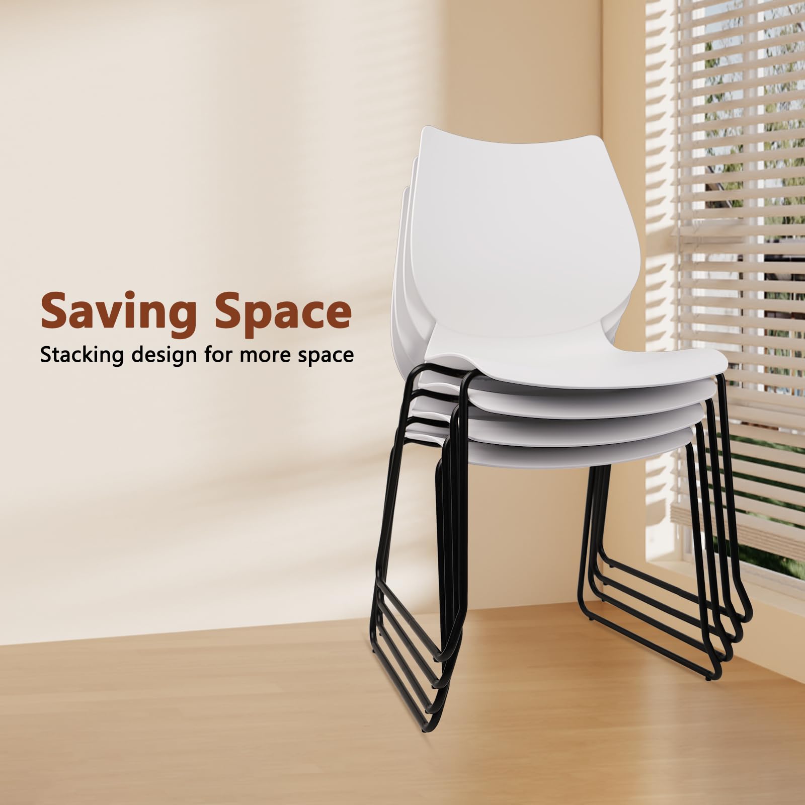 Set of 12, White, Stackable Waiting Room Chair, Stacking Office Chair with Ergonomic Lumbar Support and Metal Legs, Plastic Desk Chairs for Conference School Church Guest Reception