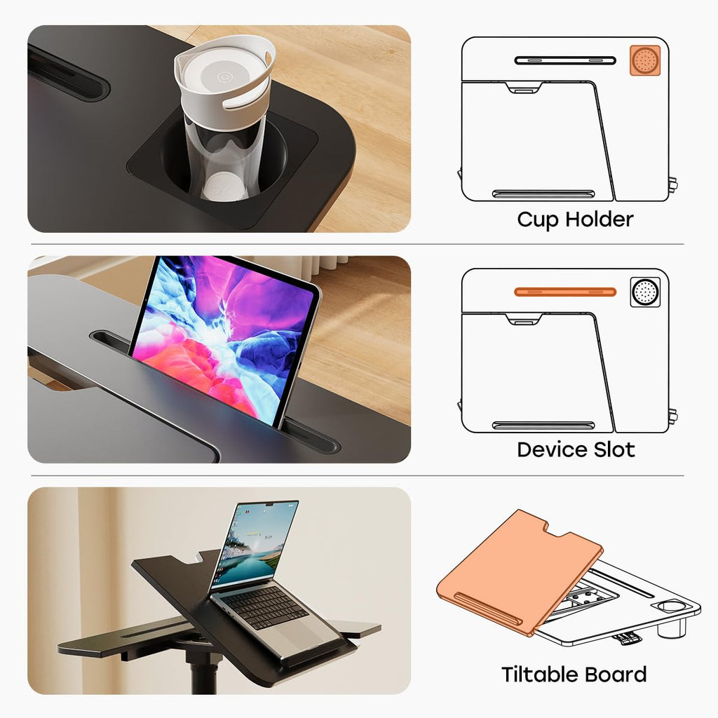 Mobile Standing Desk, Height Adjustable Table, 60° Tiltable Rolling Laptop Desk, Portable Sit Stand Desk with Wheels Cup Holder for Bed Couch Hospital, Holds Up to 22lbs, Black